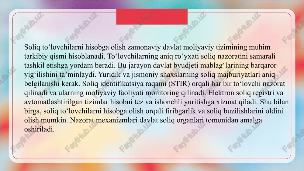 ovchilar qonuniy ravishda o‘z huquqlarini himoya qilishi mumkin. ularning majburiyatlari davlat byudjetini ta’minlashga xizmat qiladi. soliq to‘lovchi o‘z majburiyatlarini bajarmasa, qonuniy choralar qo‘llaniladi. . shu tarzda, huquq va majburiyatlar muvozanati soliq tizimining samaradorligini oshiradi. soliq deklaratsiyasi va to‘lov tartibi soliq deklaratsiyasi to‘lovchining daromadlari va moliyaviy holatini aks ettiradi. u soliq organlariga o‘z vaqtida taqdim etilishi shart. to‘lov tartibi qonun asosida belgilanadi va belgilangan muddatlarda bajarilishi lozim. deklaratsiya orqali soliq miqdori aniqlanadi va to‘lanadi. shu bilan birga, deklaratsiya soliq nazoratining asosiy vositasidir. elektron deklaratsiya tizimi hisobni tez va aniq yuritishga yordam beradi. to‘lovchilar deklaratsiya ma’lumotlarini to‘g‘ri taqdim etishi muhimdir. bu jarayon soliq tizimining shaffofligini ta’minlaydi. davlat soliq organlari to‘lovchilarning majburiyatlarini kuzatadi. nazorat soliq buzilishlarini aniqlash va oldini olishga xizmat qiladi. audit mexanizmlari kompaniya va shaxslarning moliyaviy faoliyatini tekshiradi. shu bilan birga, nazorat jarayoni qonuniy asosda amalga oshiriladi. soliq organlari hisobot va deklaratsiyalarni tahlil qiladi. ular kamchiliklarni aniqlash va tuzatish choralarini belgilaydi. …