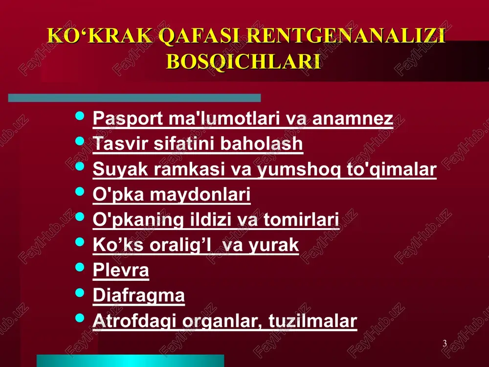 ght pulmonary artery (8), left pulmonary artery (9), confluence of pulmonary veins (10), and other structures as labeled * oddiy plevrani vizualizatsiya shartlari havo va suyak fonida plevraning rentgen kontrasti plevra tekisligi r-nurlari oqimiga parallel * * * * diafragma o'zgarishlarini baholash 1. joylashuv darajasi yuqori past 2. diafragma shakli politsiklik inversiya mahalliy protruziya 3. diafragmaning harakatchanligi potologik cheklanishi * diafragmaning ikkala gumbazining ko'tarilish sabablari nafas olish to'liq emas meteorizm homiladorlik ortiqcha vazn astit gepatosplenomegaliya qorin bo'shlig'i o'smalari ikki tomonlama subfrenik xo'ppoz * yoysimon diafragma * * * * * to'liq ism, yosh, jins, kasallik tarixi proyeksiya va texnik jihatlarni aniqlang: ap, pa, lateral, portativ qurilma. bemorning holatini aniqlang: tik turgan, supin, lordotik va boshqalar. ilhom darajasini aniqlang: adekvat ilhom, to'liq bo'lmagan ilhom bir qator parametrlarni va mumkin bo'lgan og'ishlarni aniqlash: o'pka simmetriyasi: mediastinning konturlari siljiganmi yoki yo'qmi?, o'pka ildizlarining holati o'pka infiltratsiyasi, massalar yoki tugunlar o'pka vaskulyarizatsiyasi: normal, ortib …