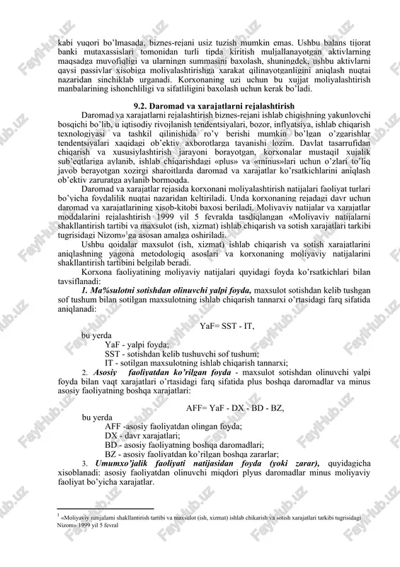 n maxsulot ishlab chiqarishni biladi, keyingi yillar uchun esa biz buni ta’kidlay olmaymiz. shu sababli ikkinchi yildan boshlab korxona bashorat baxolari bilan shugullanishga majbur bo’ladi. moliyaviy rejaning ikkinchi muxim bo’limi tushum va xarajatlar balansi bo’lib, u biznes-loyixaning (yangi ish, yangi ishlab chiqarishni tashkil etish va xokozo) foyda keltirishi yoki keltirmasligi, shuningdek, bunday ishlab chiqarishni tashkil qilish uchun qancha mablag’’ kiritish lozimligini baxolashga imkon beradi. odatda u korxonaning daromad va xarajatlari balansi deb ataladi. mazkur bo’limning asosiy vazifasi pul mablag’’lari kelib tushishi va sarflanishining sinxronligini, ya’ni xar bir laxza uchun ushbu mablag’’larning yetarli ekanligini aniqlashi lozim. boshqacha qilib aytganda, korxona aktivlarini tezda pul mablag’lariga aylantirish yoki loyixani amalga oshirishda uning likvidligini anglatadi. shuni e’tiborga olish kerakki, likvidlik bilan bog’liq muammo bozor munosabatlari sharoitlarida korxonalarning muvaffaqiyatsizlikka uchrashi sabablaridan biri xisoblanadi. umuman daromad va xarajatlar balansi korxonaning qanchalik samarali ishlashini tavsiflaydi. u shuningdek, soliq deklaratsiyalarini to’ldirish, kredit so’rab murojaat qilishda xam katta axamiyatga …