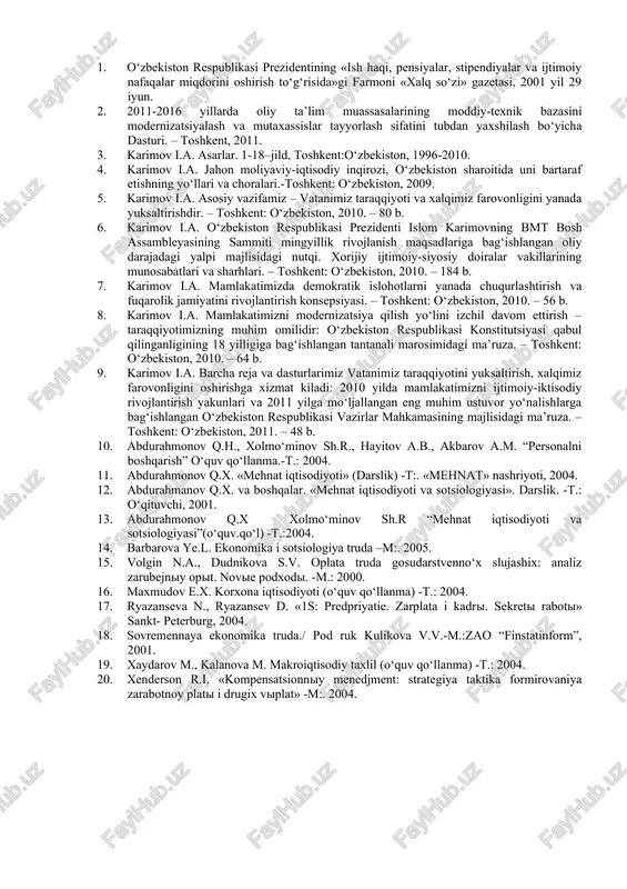 bog‘liq bo‘lib, mazkur bozordagi vaziyat, bundan tashqari, bandlik imkoniyatini ham belgilab beradi. 7. mehnatga haq to‘lash shakllari va tizimlarining oddiyligi, mantiqiyligi va qulayligi mehnatga haq to‘lash tizimlarining mohiyati haqida keng xabardor bo‘lishni ta’minlaydi. xodimda ish haqi haqida tushunarli va batafsil axborot mavjud bo‘lgandagina u jon-dili bilan berilib mehnat qiladi. mehnatga oddiy ishbay haq to‘lash shunday tuzilganki, ishchining ish haqi ishbay bahoga bog‘liqdir. u tayyorlangan mahsulot birligi (bajarilgan ish) uchun to‘langan haqdan iborat, shuningdek, ishlab chiqarilgan mahsulot (bajarilgan ish) miqdoriga bog‘liq. ish haqi miqdori quyidagi formula bilan aniqlanadi: iishb.r · n; bunda: iishb. – mehnatga ishbay haq to‘lanadigan xodimning ish haqi (so‘m); r – mahsulot (bajarilgan ish) birligi uchun belgilangan ish haqi (so‘m); n – tayyorlangan mahsulot (bajarilgan ish)ning miqdori (so‘m). amalda mehnatga ishbay haq to‘lashning quyidagi tizimlari: yakka tartibdagi, jamoa (brigada), bir yo‘la haq to‘lash, bevosita, ishbay-progressiv va ishbay-regressiya tizimlari qo‘llanadi. mehnatga haq to‘lashning yakka tartibdagi ishbay tizimida bajarilgan ishning …