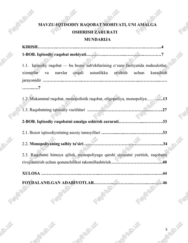 k darajasi iqtisodiy raqobat masalasi iqtisodiyot nazariyasi va amaliyotida muhim o‘rin egallaydi. bu mavzu yuzasidan xorijiy va mahalliy olimlar tomonidan ko‘plab ilmiy izlanishlar olib borilgan. jumladan, a. smit, d. rikardo, j. shumpeter kabi klassik iqtisodchilar raqobatni bozorning tabiiy mexanizmi sifatida ko‘rib, uning iqtisodiy o‘sish va taraqqiyotdagi rolini asoslab berganlar. ayniqsa, shumpeter tomonidan ilgari surilgan “yaratuvchan buzilish” nazariyasi raqobat va innovatsiya o‘rtasidagi bog‘liqlikni chuqur yoritadi. zamonaviy iqtisodchilar — m. porter, p. krugman va boshqalar raqobat ustunliklarini aniqlash, tarmoqlar va firmalar darajasida strategik ustuvorliklarni shakllantirish bo‘yicha muhim ilmiy ishlar yozganlar. m. porterning “milliy raqobat ustunligi” nazariyasi milliy iqtisodiyotlar darajasidagi raqobatbardoshlik omillarini kompleks tahlil etishga asos bo‘ladi. kurs ishining ahamiyati mazkur kurs ishining ilmiy va amaliy ahamiyati beqiyosdir. bozor iqtisodiyoti sharoitida raqobatning mavjudligi iqtisodiy faoliyatning samaradorligini belgilab beruvchi eng muhim omillardan biridir. raqobat muhitini rivojlantirish orqali nafaqat mahsulot va xizmatlar sifati oshadi, balki narxlar muvozanatlashadi, resurslar samaraliroq taqsimlanadi hamda innovatsiyalar jadal sur’atlar bilan …