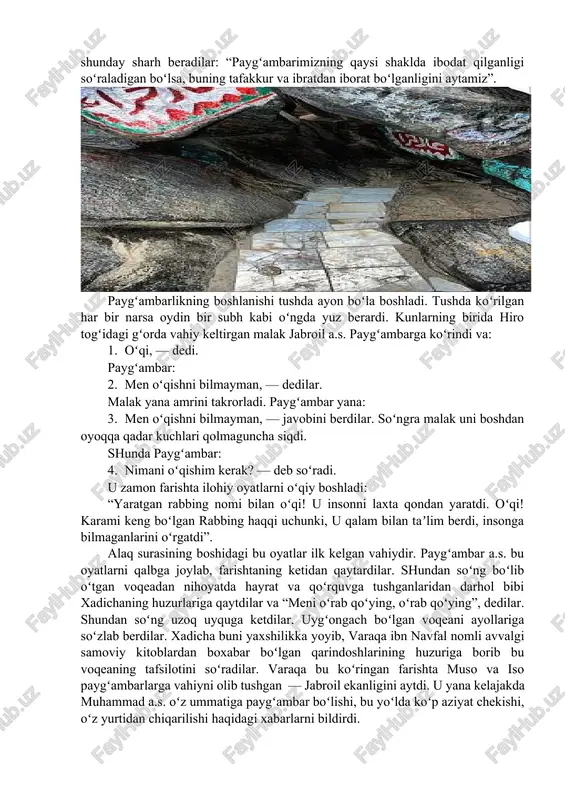 ha tomonidan amakivachchasi varaqa rozilik berib, nikoh oʻqildi. muhammad 35 yoshga kirganda makkaliklar kaʼbani taʼmir etishadi. uni qayta qurish jarayonida muqaddas sanalgan “xajar al-asvad” (qora tosh)ni kim oʻrniga qoʻyadi degan masalada tortishib qoladilar. shunda ulardan biri — “ertalab safo eshigidan kim birinchi kirib kelsa oʻsha bizga hakamlik qilsin”, deydi. ertalab safo tarafidan muhammad a.s. kirib keladilar. uni koʻrgan olamon “muhammad al-amin (ishonchli muhammad)keldi” deb, xursand boʻlishadi. u choponini yechib, “qora tosh”ni qoʻyib, barcha qabila boshliqlarini choʻponni baravariga koʻtarishga buyuradi va oʻzi qoratoshni joyiga qoʻyadi. muhammad oʻzining zukkoligi bilan qabilalar oʻrtasida chiqishi mumkin boʻlgan nizoning oldini oladi. muhammad 40 yoshga etganida koʻproq tarkidunyochilikni qoʻmsaydigan boʻlib qoldi. makkaning 3 mil yuqorisidagi hiro togʻida joylashgan gʻorga ketar va ramazon oyini u erda kechirib, ibodat qilardi. gʻamlagan ozuqalari tugagach bibi xadicha oldiga qaytar, bu erda bir oz qolib, yana oʻsha gʻorga ketar edi. u yerda oʻzlarini sukunatga berib, chuqur oʻyga tolar edilar. gʻoyibdan quloqlariga …