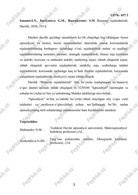 nogo napravleniya 5230100 «ekonomika» (po otraslyam). uchebnik prednaznacheno dlya studentov i prepodavateley napravleniya «ekonomika», a takje dlya spetsialistov razlichnix napravleniy ekonomiki. klyuchevie slova: biznes, deyatelnost, planirovanie, plan proizvodstva, plan marketinga, zatrati, doxodi, ob'yom produktsii, moshnost proizvodstva, pribil. udk: 657.3 bbk: 65.9(2)23 data izdaniya: 2020 izdatel: ferganskiy politexnicheskiy institut title: businessplanning. methodological textbook. 2020, 355 p. authors: ismanov i. n., davlyatova g.m., buzrukxonov s.m annotation: textbook devoted to the consideration of the following questions: market economy, the role of planning in the enterprises management system in the condition of market relationships; types and methods of planning; a prescriptive basis of planning; a strategic planning; a composition and structure of a business plan; a structure of an enterprise and products; a marketing plan; a production plan; a production capacity plan; an organization plan; empolyees’ requirements planning; enterprise labor funds planning; working-outs the financial aspects of production. the textbook was worked-out on the …