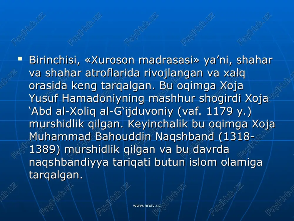 tufayli movarounnahr maktabi namoyandalari bu o‘lka xalqlari an’analari, urf-odatlarini umumislom mavqelaridan turib tahlil qilishdek vazifani bajarganlar. movarounnahrlik faqihlarning bir necha avlodlari faoliyati orqali mahalliy xalqlarning tarixiy, huquqiy an’analari islom madaniyatida o‘z aksini topdi. www.arxiv.uz www.arxiv.uz viii-x asrlarda movarounnahrning ayrim shaharlardagi hanafiylikka asoslangan ilmiy markazlar paydo bo‘ldi. bunga iroq va xuroson maktablarining ta’siri katta bo‘ldi. buxoro maktabiga abu hafs ahmad ibn hafs al-kabir al-buxoriy (vaf. 832 y.) asos solgan. samarqand ilmiy markazining shakllanishiga abu sulaymon al-juzjoniy, ibn samo‘a va shaddod ibn hukaym kabi balx faqihlarining xizmati katta bo‘ldi. buxoro faqihlari bu davrda asosan fiqhning amaliy masalalari (furu‘ al-fiqh) bilan, samarqandliklar esa o‘z ilmiy faoliyatlarini ilohiyot (usul ad-din) mavzui bilan shug‘ullanishga qaratdilar. www.arxiv.uz www.arxiv.uz www.arxiv.uz www.arxiv.uz xi-xiii asrlarga kelib, fiqh ilmi o‘zining yuksak taraqqiyotiga etishdi. qoraxoniylar (999-1212) davri faqihlari haqida ilmiy tadqiqot olib borgan turkiyalik olim y. z. kavakci bu davrda uch yuzga yaqin faqihlar etishib chiqqanligi, yigirmadan ortiq fatvolar majmuasi, uch …