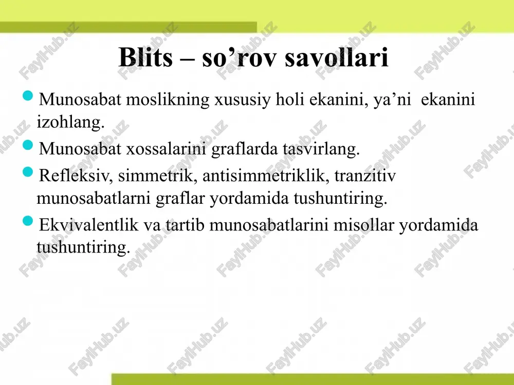 shlash reglamenti va tartibi guruhda ishlash va prezentatsiya qilish – 15 min. kichik guruhlarga bo’linadi va umumiy vazifa taqsimlanadi hamda alohida javobni shakllantirish – 5 min. guruhda o’zining individual yechimini taqdim etish – 5 min. o’zaro fikr almashadi, qo’shimchalar qiladi, to’g’rilaydi va umumiy guruh prezentatsiyasini tayyorlaydi – 5 min. savol bo’yicha guruh nuqtai-nazarini aytish – 3 min. jamoa bo’lib muhokama qilish, xulosalarni shakllantirish – 2 min. o‘z-o‘zini tekshirish uchun savollar: munosabat moslikning xususiy holi ekanini, ya’ni ekanini izohlang. munosabat xossalarini graflarda tasvirlang. refleksiv, simmetrik, antisimmetriklik, tranzitiv munosabatlarni graflar yordamida tushuntiring. ekvivalentlik va tartib munosabatlarini misollar yordamida tushuntiring.