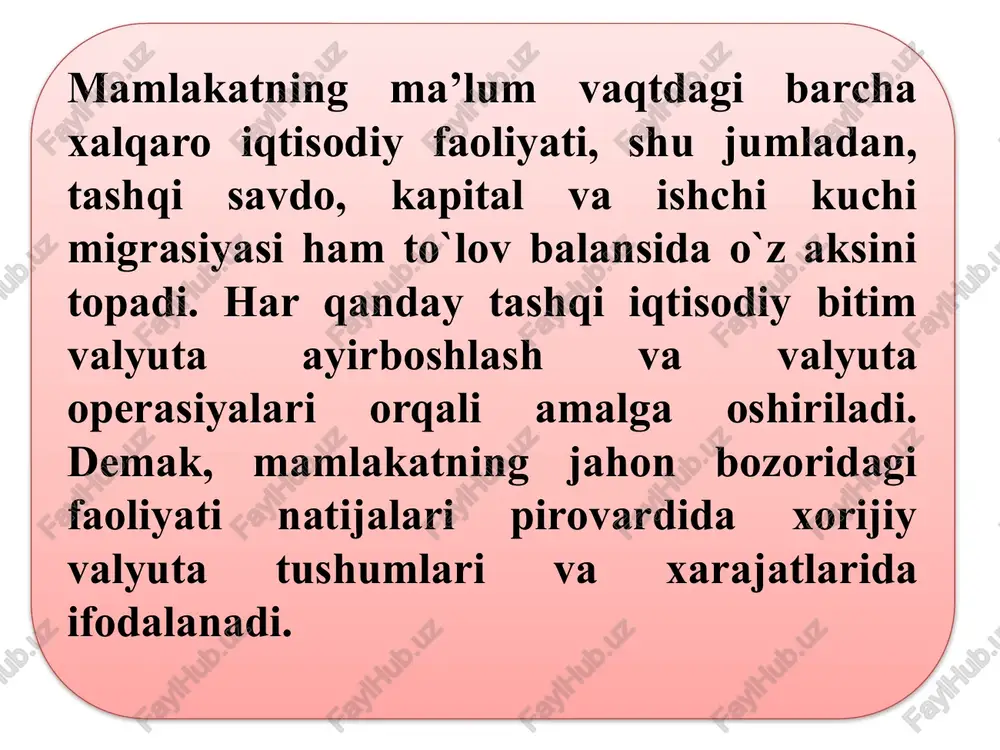 hga nisbatan ko`proq olib keladi. joriy operasiyalar hisobi balansi, odatda, to`lov balansining ma’lumot beruvchi qoldig`i deb qaraladi. chunki bu qoldiq bilan birga ichki iqtisodiy siyosatni cheklovchi tashqi iqtisodiy omil hisoblanishi bilan birga mamlakatning moliyalashtirishga ehtiyojini belgilaydi. joriy operasiyalar hisobi balansining musbat qoldig`i mamlakat boshqa davlatlarga nisbatan netto kreditor ekanligidan dalolat beradi, va aksincha manfiy qoldig`i ( ya’ni joriy operasiyalar hisobi balansining taqchilligi) mamlakat tovarlar va xizmatlarning netto-importi uchun to`lovlarni amalga oshirishga va transfert to`lovlarini moliyalashtirishga majbur bo`lgan sof qarzdorga aylanganligini anglatadi. amalda joriy to`lov balansining musbat qoldig`iga ega mamlakat milliy jamg`armalarning bir qismini kapitalni ichki jamg`arishga yo`naltirish o`rniga mamlakat tashqarisiga investisiyalaydi. balansning bu ikki bo`limi bir-biri bilan tenglashib boradi. to`lov balansi qoldig`i= joriy operasiyalar + kapital harakati balansi biroq, amalda to`lov balansining bu qismida ham ko`pincha kamomad yoki ortiqchalik yuzaga keladi. rasmiy zaxiralarning qisqarishi (+) kamomad miqdorini ifodalaydi, rasmiy zaxiralarning o`sishi (-) esa to`lov balansining musbat qoldig`i miqdorini ko`rsatadi. natijada …