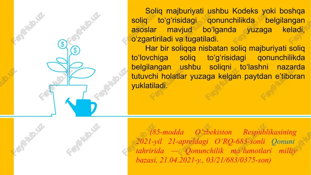 iq qarzi ushbu kodeksning 94-moddasida belgilangan tartibda meros mol-mulkning qiymati doirasida merosxo‘rlardan undiriladi. yuridik shaxsning soliq majburiyati quyidagi hollarda tugatiladi: 1 2 ushbu kodeksning 91-moddasiga muvofiq, budjet tizimi bilan barcha hisob-kitoblar amalga oshirilgandan keyin u tugatilganda; ushbu kodeksning 92-moddasiga muvofiq, budjet tizimi bilan barcha hisob-kitoblar amalga oshirilgandan keyin u qayta tashkil etilganda. soliq majburiyati bo‘yicha da’vo qilish muddatlari soliq organi yoki boshqa vakolatli organ soliq tekshiruvini o‘tkazishga, tekshiruv natijalari bo‘yicha soliq to‘lovchiga soliq qarzini uzish to‘g‘risida talabnoma yuborishga yoki soliq to‘g‘risidagi qonunchilikka muvofiq to‘lanishi lozim bo‘lgan soliqlar miqdorini qayta ko‘rib chiqishga haqli bo‘lgan muddat soliq majburiyati bo‘yicha da’vo qilish muddati hisoblanadi. agar ushbu kodeksda boshqacha qoida belgilanmagan bo‘lsa, soliq majburiyati bo‘yicha da’vo qilish muddati, natijalariga ko‘ra soliq majburiyati aniqlanadigan soliq davri tugaganidan keyin uch yilni tashkil etadi. agar soliq majburiyatining yuzaga kelishi muayyan voqea yoki harakat bilan bog‘liq bo‘lsa, agar ushbu kodeksda boshqacha qoida belgilanmagan bo‘lsa, soliq majburiyati bo‘yicha da’vo …