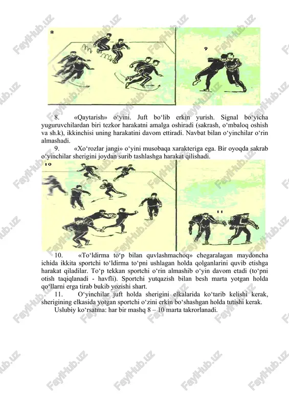 ‘rt oyoqlab yonlamasiga tizilab turadi. ikkinchi qator yugurib kelib ularning ustidan sakrab o‘tadi. qaytishda esa oyoqni galma-gal oldinga tashlab yarim o‘tirgan holda qo‘llarni yon tomonga keng yozib qaytadi. mashqni qatorlar o‘rin almashib davom ettiriladi. 1. . huddi shu mashq, lekin oldingi qatordagilar oyoq va qo‘l uchida to‘rt oyoqlab turishadi. ikkinchi qatordagilar yugurib kelib ularning tagidan emaklab o‘tishadi. dastlabki holatlarga qaytishda esa har qadamda ikki qo‘lini baravariga yuqoridan orqaga kerib kamon mashqini bajaradi. shu holda qatorlar almashib mashqni davom ettirishadi. 5. «lochin va tovuqlar» o‘yini. o‘yinchilar bellaridan ushlagan holda bir qator bo‘lib turadilar, oldinda turgan («ona tovuq») o‘zlariga qarama-qarshi turgan («lochin»)ga qator oxirida turgan tovuqni ushlashga halaqit beradi. 6. juftlikda: sherigiga oyog‘ini ushlatgan holda qo‘li bilan ma’lum masofagacha yurib borish. murabbiy signali bilan o‘rin almashiladi. 7. yurish: har uchinchi qadamda oyoqlarni yuqoriga tez siltashni bajarish. uslubiy ko‘rsatma: har bir mashq 8 – 10 marta takrorlanadi. o’yinni o’tkazishga tayyorgarlik ko’rish. o’yinni tanlash …