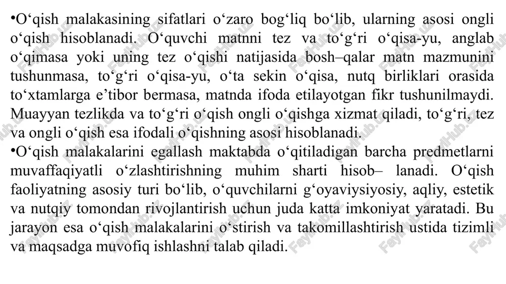 ilmaslik tufayli xatoga yo‘l qo‘yadi. 4. tez o‘qiyman deb xatoga yo‘l qo‘yadi. 5. to‘g‘ri o‘qish yorug‘likka va yorug‘likning tushishiga ham bog‘liq. 6. undosh tovush so‘zning o‘rtasida va oxirida kelgan yopiq bo‘g‘inli so‘zlarni o‘qishda qiynaladilar. xato o‘qishning oldini olish uchun quyidagilar e’tiborga olinadi: 1. matnni o‘qitishdan oldin undagi o‘qilishi qiyin so‘z, birikma va gaplarni aniqlash va ular ustida ishlash usullarini belgilab olish. tuzilishi murakkab so‘zlarni bo‘g‘inlab o‘qilishini mashq qildirish. 2. matnni o‘qishdan oldin uning mazmunini tushunishni qiyinlashtiradigan so‘zlarning lug‘aviy ma’nosini tushuntirish. so‘z ma’nosini izohlash usullarini aniqlash. 3. vazifalarni aniq va tushunarli qilib berish. 4. matnni diqqat-e’tibor bilan o‘qishlari uchun sharoit yaratish. 5. oldin ichda o‘qitish, so‘ng ovoz chiqarib o‘qitish. 6. o‘qitishda o‘quvchilarning individual xususiyatlarini hisobga olish, ya’ni matnni oson, o‘rtacha qiyinlikda va qiyin o‘qiladigan o‘rinlarini belgilab olib, unga kuchi yetadigan o‘quvchilarga oldindan taqsimlab berish. 7. o‘quvchilarning o‘qishini muntazam tekshirib turish. 8. xatoning xarakteriga qarab, uni metodik tomondan to‘g‘ri tuzatish yo‘lini aniqlash. …