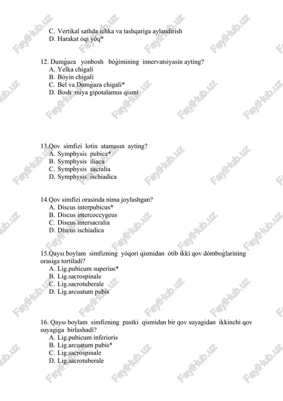 ri va pastki shoxları* b. quymish suyagining pastki shaxı c. quymish suyagining katta va kichik qırları d. qov suyagining tanasi 25.kichik chanoqning yóqori teshigi nima bilan chegaralangan? a. chegaralawshı chiziq* b. dum suyagi c. dumǵaza dómboǵ boylamları d. qov simfizi 26.yopqish teshik nima bilan yopilgan? a. cartilago obturatoria b. ligamentum obturatoria c. membrana obturatoria* d. symphysis obturatoria 27.hayollarda vertikal halatta chanoq suyagining yóqori aperturası gorizontal sathda necha gradusga teng? a. 40-45 b. 20-25 c. 55-60* d. 60-80 28.hayollarda qov suyagining pastki shoxınıng qóshilishi necha gradusga teng? a. 180 b. 90* c. 120 d. 100 29.yonbosh suyagining oldingi ótkir ósik ósimtalari orasidagi oralıqnı kórsating? a. distantia spinarum* b. distantia cristarum c. distantia intertrochanterica d. conjugata vera 30. yonbosh suyagining oldingi ótkir ósik ósimtalari orasidagi oraliq necha sm? a. 12sm b. 28-30sm c. 25-27sm* d. 30-32sm 31.yonbosh suyagining qırları orasidagı oraliqni kórsating? a. distantia spinarum b. distantia cristarum* c. distantia intertrochanterica d. …