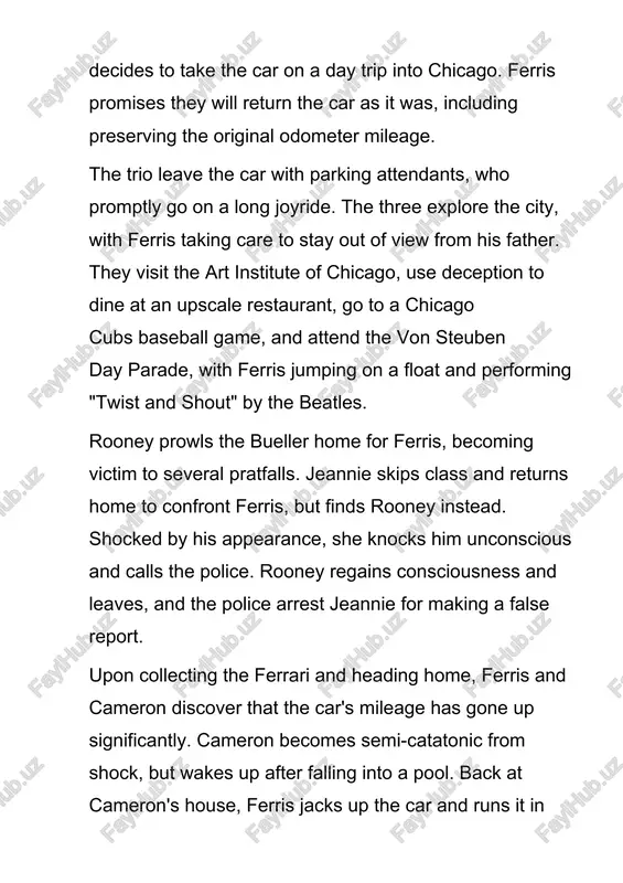 heart and allows ferris to come inside, claiming that ferris was at the hospital for his illness. as rooney flees from ferris's rottweiler, ferris rushes back to his bedroom to await his parents. they find him in bed and believe he has been there all day, further suggesting to take the next day off as well. cast[edit] broderick in sweden during his promotion of ferris bueller's day off, june 1986 · matthew broderick as ferris bueller, a popular high school senior · alan ruck as cameron frye, ferris's best friend · mia sara as sloane peterson, ferris's girlfriend · jennifer grey as jeanie bueller, ferris's sister · jeffrey jones as ed rooney, the dean of students · cindy pickett as katie bueller, ferris's mother · edie mcclurg as grace, the school secretary · lyman ward as tom bueller, ferris's father · charlie sheen as a boy in the police station …
