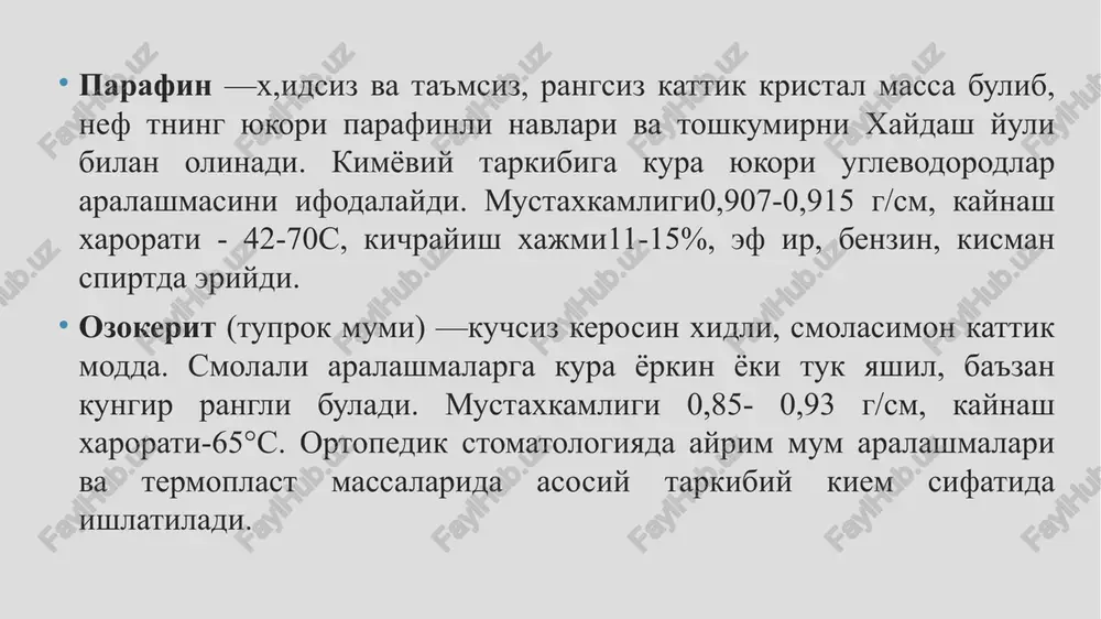 lan, bego firmasi (germaniya) kalinligi 1,2; 1,5; 1,75 mm bulgan 180x85 mm ulchamdagi plastina mum taxtachalar shaklida tayyorlaydi. mum, olinadigan protezlarni shakllantirishda asos sifatida ishlatilgani uchun xdm shunday nom bilan atalgan. asos mum kolip koshigini yoki uning ayrim kismini shaklga solishda \am kullaniladi, shuningdek undan modellar, boshka plastmassadan tayyorlanadigan ortopedik apparatlar va protezlar yasashda yordamchi xom-ashyo sifatida.kullaniladi (rasm-6.10). asos mumining tarkibini kuyidagilar tashkil kiladi (% xisobida): parafin — 77,99% dammar elimi — 2,0% tserezin — 20,0% buyok moddasi — 0,01%. kizdirilganda “asos mum” yukori plastiklikka ega buladi va oson shakllanadi. mum asboblar bilan yaxshi ishlanadi, sinmaydi va katlamlarga ajralmaydi, kaynok suv bilan gips shakllardan tulik va kuykalar koldirmay yuviladi. mumning erish \arorati +54 +56° s ga tengdir. byugel mumi shu nomda diametri 82 mm, k a l i n l i g i 0,4-0,5 mm ulchamdagi pushti rangli disk kurinishida ishlab chikariladi. byugel protezining metall asosini shakllantirishda, oralik katlamni yasashda …
