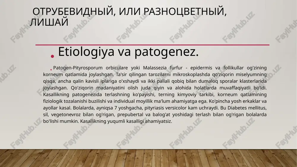 li ham tasdiqlash mumkin. differentsial diagnostika sifilitik rozeola bilan (rozeola pushti rangga ega, tozalanmaydi, bosilganda yo'qoladi; sifilisning boshqa belgilari va ijobiy serologik reaktsiyalar hisobga olinadi), pushti liken giber (pushti dog'lar langer terisining taranglik chiziqlari bo'ylab joylashgan, olmos shaklida yoki biroz cho'zilgan shaklga ega va markazda to'qima qog'oz kabi o'ziga xos tarzda tozalanadi - "medalyonlar"). pityriasis versicolor davolashdan so'ng hosil bo'lgan ikkilamchi yoki soxta leykoderma haqiqiy sifilitik leykoderma bilan ajralib turadi, unda drenaj gipopigmentatsiyalangan dog'lar hosil bo'lmaydi, lezyon dantelli to'rga o'xshaydi, asosan bo'yin, qo'ltiq osti va tananing lateral yuzalarida joylashgan.qonda ijobiy serologik reaktsiyalar va ikkilamchi takroriy sifilisning boshqa ko'rinishlari bilan. davolash tinea versikolorini davolash keratolit va antifungal dorilarni qo'llashga asoslangan. cheklangan shakllarda tashqi antimikotik vositalar qo'llaniladi: ketokonazol, bifo-nazol, klotrimazol, terbinafin va boshqalar. ushbu dorilarni kuniga 1-2 marta 5 kun davomida krem \ u200b \ u200byoki malham shaklida qo'llash odatda klinik ko'rinishlarni hal qilish uchun etarli. terbinafin spreyi tinea versicolor ta'sirlangan joylarga …