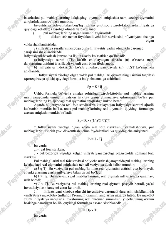 ni bu yerda d – investitsiyalashda belgilangan davr uchun diskont summasi (oddiy foizlar bo’yicha); s – sinov shartlari bilan asoslanuvchi yakuniy quyilma miqdori; n – investitsiya muddati (foiz to’lovlari nazarda tutiluvchi davrlar sonida); i – foydalaniluvchi diskont stavkasi, unli qasr shaklida ifodalanadi. bu xolda pul mablag’lari qiymati (p) xisoblangan diskont summasini inobatga olgan xolda quyidagi faormula bo’yicha topiladi: p q – d q s x (1 / (hsh)) bizning misolda bir yildan so’ng 1000 sum olish uchun zarur bo’lgan investitsiyalarning hozirgi qiymati 556 sumga teng 1000-444. iqqala xolatda xam qo’llanuvchi (1/(hsh)) ko’paytiruvchi diskont koeffitsienti deb ataladi, uning qiymati xar doim birdan kichik bulishi lozim. murakkab foiz deb, investitsiyalash natijasida xar bir davr bo’yicha xisoblangan foiz summasi xar safar tulanmasdan, asosiy quyilma miqdoriga qushib borilgan xamda keyingi to’lov paytida uzi xam foyda keltirgan xollarda shakllanuvchi daromad summasiga aytiladi. (1qi)n va 1/(1qi)n ko’paytiruvchilar mos ravishda usish ko’paytiruvchisi va murakkab foizlarni diskontlash ko’paytiruvchisi …