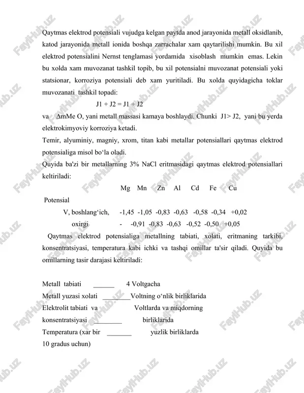 lit tabiati va voltlarda va miqdorning konsentratsiyasi ________ birliklarida temperatura (xar bir _______ yuzlik birliklarda 10 gradus uchun) shunday qilib elektrolitdagi metall yuzasi xar xil elektrod potensialiga ega bo‘lgan metallar va boshqa o‘zidan elektr tokini o‘tkazuvchi qo‘shimchalar orasida galvanik element xosil bo‘ladi. natijada elektrod potensiali kichik (manfiyroq) bo‘lgan metall anod vazifasini bajarib, oksidlanadi (yemiriladi), musbatroq bo‘lgani esa katod vazifasini o‘tab, uning yuzasida biron bir modda (ion, atom, molekula) qaytariladi. u xil galvanik elementlar metall yuzasida ko‘plab xosil bo‘lib, ularning elektr yurituvchi kuchi juda kichik bo‘lganligi uchun mikrogalvanik elementlar deb xam yuritiladi. bu holda zanjirning elektr yurituvchi kuchi: 1-elektrodlar; 2-yarim o‘tkazgich to‘siq rasm 2. konsentratsion galvanik elementning ko‘rinishi. nazorat savollari: 1. almashinish toki nima? 2. vodorod va kislorod kutbsizlanish nima? 3. qanday potensial kaytar potensial deyiladi? 4. elektrokimyoviy va kimyoviy korroziyalarning farqi? image4.jpeg image1.wmf oleobject1.bin image2.wmf oleobject2.bin image3.wmf oleobject3.bin + + = n me kayt me kayt me a nf rt …