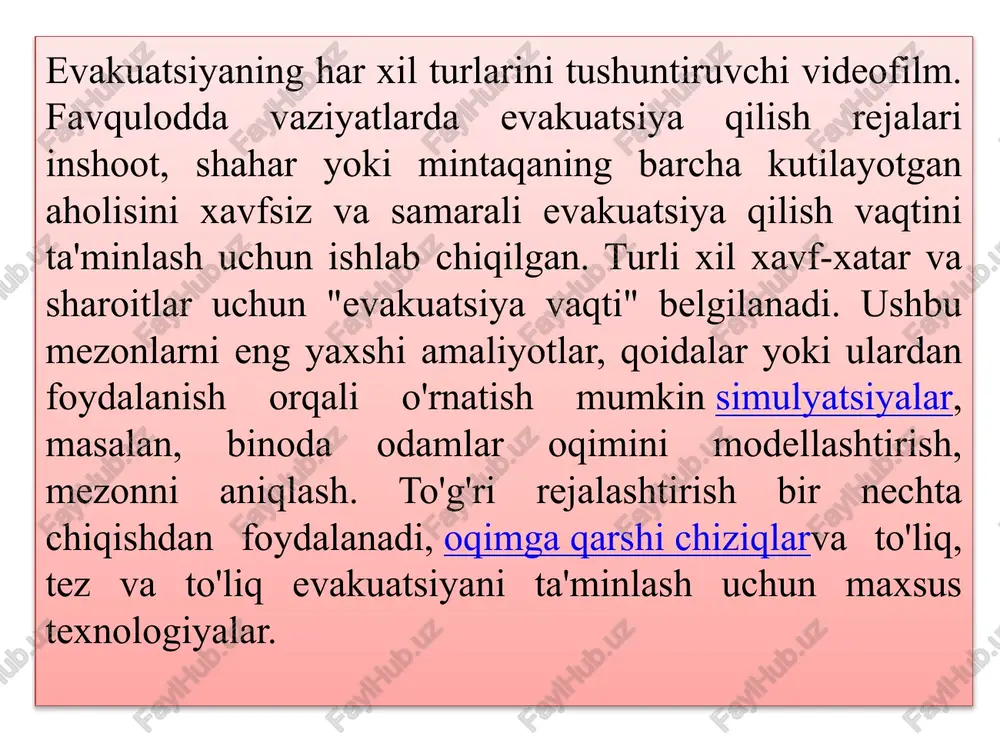iyatining pasayishi bilan strategiya "tez chiqish" dan "sekin chiqish" va "bino ichidagi xavfsiz joyga o'tish" (masalan, zinapoya) orqali "o'z o'rnida qolish va yordam kutish" ga o'zgaradi.[3] uchinchi strategiya - polda belgilangan "xavfsiz boshpana" dan foydalanish tushunchasi. bu yong'in, tutun yoki strukturaning qulashi kabi o'ziga xos xavf-xatarlardan himoya qilish uchun mustahkamlangan binoning bo'limi. ba'zi xavf-xatarlar har bir qavatda xavfsiz joylarga ega bo'lishi mumkin, tornado kabi xavf esa bitta xavfsiz panohga ega bo'lishi mumkin yoki xavfsiz xona. odatda harakatlanish imkoniyati cheklangan shaxslardan birinchi yordamchilar qutqarish uchun xavfsiz joyga xabar berishlari talab qilinadi. ko'pgina binolarda xavfsiz joy zinapoyada bo'ladi. binolarni evakuatsiya qilishda shaxslarning strategiyasiga sarmoya kiritib, odamning o'zgaruvchan reaktsiyalari evakuatsiya paytida hisobga olinadigan murakkab omil hisoblanadi. bu binodan yoki "xavfsiz boshpana" dan tezda chiqib ketish uchun hal qiluvchi omil hisoblanadi. favqulodda evakuatsiya paytida odamlar signal signalini eshitgandan so'ng darhol reaktsiya bermaydilar. buning sababi, evakuatsiya mashqlari tez-tez uchraydi. shuning uchun, xavf darajasi to'g'risida ko'proq …