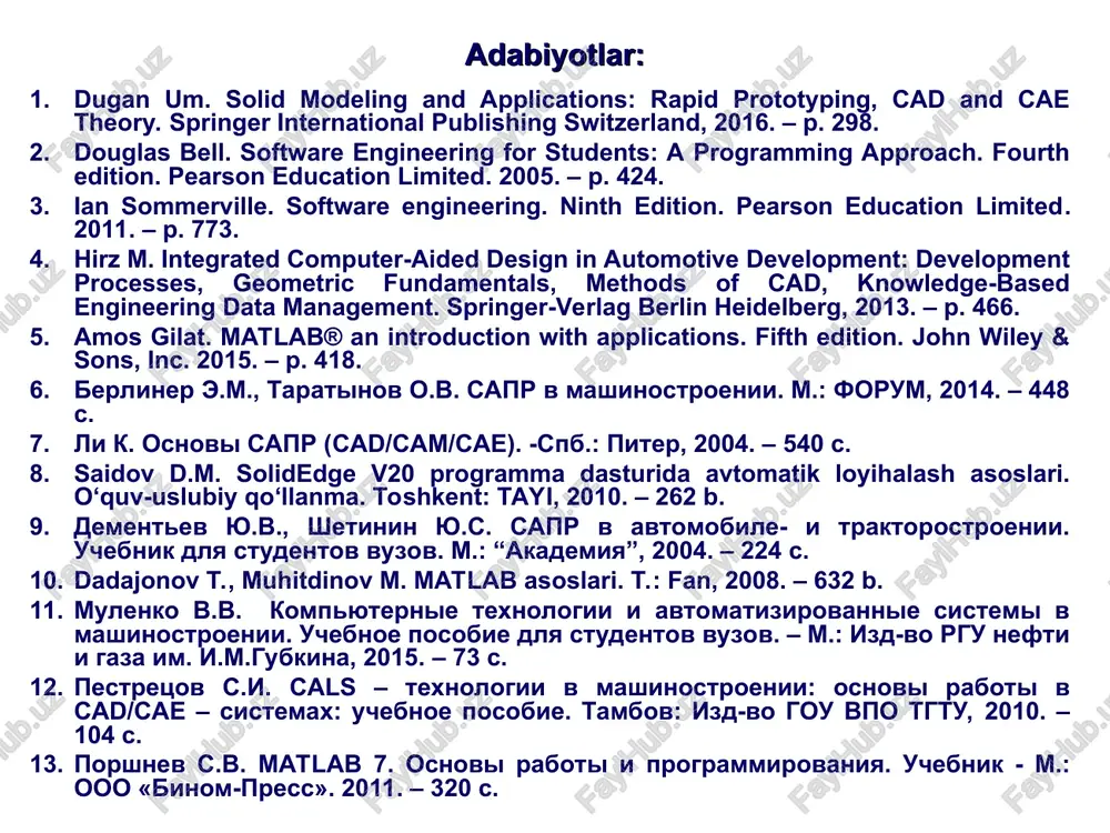 assali dinamik modelning graf varianti grafni soddalashtirish va o'zgartirish qoidalari ob'ekt grafiga misol ikkinchisining asosida ayrim funksional chekli elementlar yotadi. buni chekli elementlar usuli orqali tushuntirish mumkin, ya'ni ixtiyoriy murakkab konfiguratsiyaga ega bo‘lgan tizimni, matematik yoritilgan ayrim elementlarga bo‘lib, ularni chegaraviy shartlar orqali bog‘lash mumkin. u holda butun tizimdagi ish jarayonini aniqlash uchun elementlarning nomini ko‘rsatib, uning chegaralarini (kirish-chiqish) nomerlab, boshlangich shartlarini ko‘rsatib berilishi yetarli. bundan kelib chiqqan holda, tizimni ehmda avtomatlashtirilgan modellashtirish uchun quyidagi masalalarni yechish kerak: - tizimga kiradigan asosiy elementlarni aniqlash; - tizimning ixtiyoriy sxemasi strukturasini formal ravishda qurish; - tizim elementlarining matematik modelini qurish; - tizimga kerakli bo‘lgan boshlang‘ich parametrlarni tayyorlash; - ixtiyoriy strukturali tizimning sxemasini approksimatsiya qiladigan tenglamalar tizimini ishlab chiqish; - tuzilgan tenglamalar tizimini yechish uchun kerakli usulni aniqlash va uni amalga oshirish; - tizimdagi ish jarayonini hisoblash usulini ehm da dastur asosida amalga oshirish. avtomobillarda ishlatiladigan mexanik va gidromexanik uzatmalarning sxemalarining tahlili, ularning …