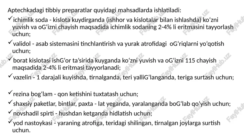 ransport immobilizatsiyasi tegishli qoidalar asosoda bajarilishi va bemor davolash muassasalariga yotqiziladi. shifokor kelguncha beriladigan yordamni tibbiyot xamshirasi jarohat yuz berganda joyda tug‘ri ko‘rsata bilishi kerak. keyin bemorga qoqsholga qarshi zardob yuborish kerak. jaroxatlangan joylarni qon oqishi to‘xtatilgandan so‘ng tananing jaroxat olgan qismiga bog‘liq holda quyidagicha bog‘lanadi. yurakni sun’iy massaj qilish yurak to‘xtaganda o‘tkaziladigan reanimatsion tadbirlar yurakni tashqi massaj qilish va sun’iy nafas oldirish bo‘lib, bular bir vaqtda bajariladi.yurakni tashqi uqalash yo‘lida tush suyagining pastki №1|3 qismi kaft bilan faol bosiladi. .bunda yurak tush suyagi va umurtqa pog‘onasi oralig‘ida qisiladi va ma’lum miqdordagi yurakdagi qon tomirga haydaladi. bunday xarakat minutiga 50-70 marta takrorlanadi va muolaja tekis katta joyda bemorni chalqancha yotqizilgan holatda o‘tkaziladi. yurakni tashqi massaj qilish qo‘yidagicha ijobiy belgilari bilan aniqlanadi: uyqu arteriyasida tomir urushining paydo bo‘lishi. kuz qorachiqlarining torayishi. yuz terisi, tirnoqlar va lablarning qizarishi mustaqil nafas xarakatlarining paydo bo‘lishi mushaklar tonusining paudo bo‘lishi. yurakni bilvosita massaj ( yopiq) …
