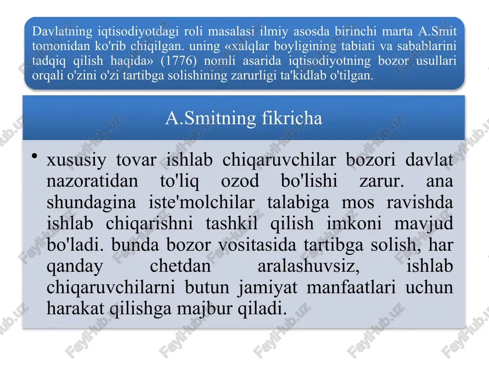 mintaqaviy tuzilishini takomillashtirish, atrof-muhit holatini yaxshilash kabilarni kiritish mumkin. iqtisodiyotni davlat tomonidan tartibga solishning maqsadi uning vazifalarida aniq namoyon bo'ladi. davlatning iqtisodiy vazifalari 1 2 3 4 5 bozor tizimining samarali amal qilishiga imkon tug'diruvchi huquqiy asos va ijtimoiy muhitni ta'minlash; raqobatni himoya qilish. daromad va boylikni qayta taqsimlash; resurslarni qayta taqsimlash; iqtisodiyotni barqarorlashtirish, ya'ni iqtisodiy tebranishlar vujudga keltiradigan inflyatsiya va bandlilik darajasi ustidan nazorat qilish hamda iqtisodiy o'sishni rag'batlantirish. davlat bozor iqtisodiyotining samarali amal qilishining shart-sharoiti hisoblangan huquqiy asosni ta'minlash vazifalarini o'z zimmasiga oladi. bozor iqtisodiyoti uchun zarur bo'lgan huquqiy asosni ta'minlash quyidagi tadbirlarning amalga oshirilishini taqozo qiladi: birinchidan ikkinchidan uchinchidan xususiy korxonalarning huquqiy mavqeini mustahkamlash; xususiy mulkchilik huquqini ta'minlash va shartnomalarga amal qilishni kafolatlash; korxonalar, resurslarni etkazib beruvchilar va iste'molchilar o'rtasidagi munosabatlarni tartibga soluvchi qonuniy bitimlarni ishlab chiqish va boshqalar. davlat tomonidan ijtimoiy muhitni ta'minlash o'z ichiga ichki tartibni saqlash, mahsulot sifati va og'irligini o'lchash standartlarini belgilash, tovar …