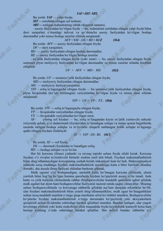 a korxonalarga va hokazolarga) mablag‘larni qayta baholashdan olingan daromadlar. · moliyaviy faoliyatdan olingan boshqa daromadlar. favqulodda foyda moddalari - bu ko‘zda tutilmagan, tasodifiy tusga ega bo‘lgan, xodisa yoki xo‘jalik yurituvchi subyektning odatdagi faoliyati doirasidan chetga chiqadigan tusdagi operatsiyalar natijasida paydo bo‘ladigan va olinishi kutilmagan foydadir. bunga daromadlarning favqulodda moddalari yoki asosiy faoliyatdan olingan boshqa daromadlar bo‘limida aks ettirilishi kerak bo‘lgan o‘tgan davrlardagi foyda kirmaydi. 10.2. korxona foydasi va uni maksimallashtirish korxonalar va uning barcha bo‘g‘inlari ishini tavsiflovchi muhim sifat ko‘rsatkichlaridan biri foyda va rentabellikdir. foyda bozor munosabatlarining muhim kategoriyasi sifatida iqtisodiyotda ma’lum funksiya (vazifa)larni bajaradi: · ishlab chiqarish faoliyatining natijasidan olingan iqtisodiy samarani tavsiflaydi, chunki u so‘nggi moliyaviy natijani ifodalaydi; · turli darajadagi byudjetlarni shakllantiradi; · xodimlarning manfaatlarini himoya qiladi va bu borada iqtisodiy dastak va stimul rolini o‘ynaydi; · - ilmiy — texnikaviy, tashkiliy va ijtimoiy ishlarni amalga oshirishga imkoniyat beradi. foyda sanoat, tarmoq va korxonaning hamma ishlab chiqarish …