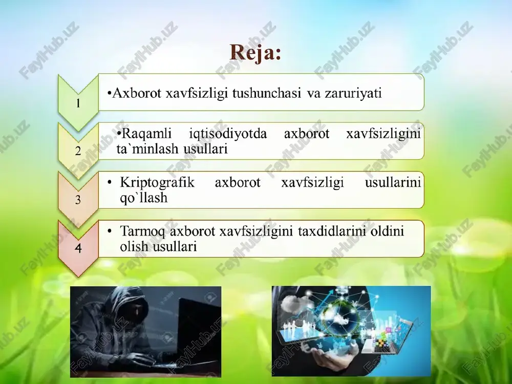 xavfsizligiga bo'ladigan hujumlar va zaifliklar serverdan internet tarmog'i bazaviy protokollari ftp (file transfer protocol) va telnet (virtual terminal protokoli) bo'yicha foydalanish uchun foydalanuvchi identifikatsiya va autentifikatsiya muolajalarini o'tishi lozim. foydalanuvchini identifikatsiyalashda axborot sifatida uning identifikatori (ismi) ishlatilsa, autentifikatsiyalash uchun parol ishlatiladi. tarmoq trafigini tahlillash ftp va telnet protokollarining xususiyati shundaki, foydaluvchilarning paroli va identifikatori tarmoq orqali ochiq, shifrlanmagan ko'rinishda uzatiladi. demak, internet xostlaridan foydalanish uchun foydalanuvchining ismi va parolini bilish kifoya. axborot almashinuvida internetning masofadagi ikkita uzeli almashinuv axborotini paketlarga bo’lishadi. paketlar aloqa kanallari orqali uzatiladi va shu paytda ushlab qolinishi mumkin. 2. raqamli iqtisodiyotda axborot xavfsizligini ta`minlash usullari 1. qonunchilik. axborot himoyasi sohasida yuridik va jismoniy shaxslarning, shuningdek davlatning huquq va majburiyatlarini qat’iy belgilovchi qonuniy aktlardan foydalanish. 2. ma’naviy-etik. ob’ektda qat’iy belgilangan o‘zini tutish qoidalarining buzilishi ko‘pchilik xodimlar tomonidan keskin salbiy baholanishi joriy etilgan muhitni hosil qilish va qo‘llab quvvatlash. 3. jismoniy. himoyalangan axborotga begona shaxslarning kirishini taqiqlovchi jismoniy …