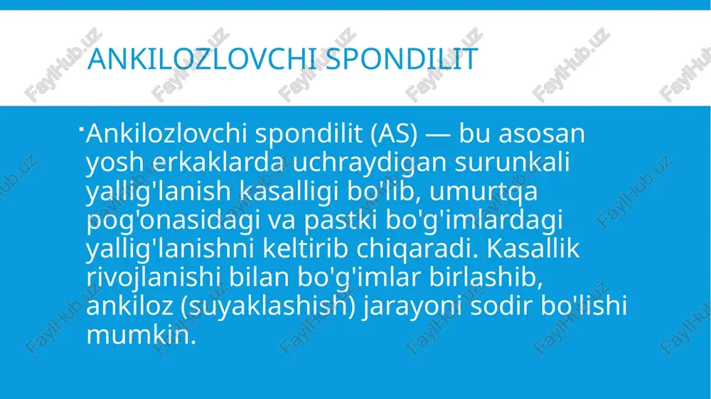 i ko'rinadi. belgi yallig'lanish kasalliklari degenerativ-distrofik kasalliklari boshlanishi ko'pincha yosh yoki o'rta yoshlarda (16-30 yosh) boshlanadi. asosan yoshi ulg'ayganlar yoki ortiqcha yuklamalarda. asosiy jarayon yallig'lanish (autoimmun yoki infeksion). degeneratsiya va bo'g'imlarning o'zgarishi. og'riq va qattiqlik odatiy ravishda ertalab yoki tunda kuchayadi. harakatlanishda og'riq va qattiqlik ko'proq bo'ladi. radiologik belgilar yallig'lanish, bo'g'imlarning torayishi va ossifikatsiya. suyak o'zgarishlari (osteofitlar, disklarning silliqlanishi). davolash umurtqa pog'onasining yallig'lanish va degenerativ-distrofik kasalliklari o'rtasidagi farq image2.jpeg image3.jpeg image4.png image5.png image6.jpeg image7.jpeg image8.jpeg