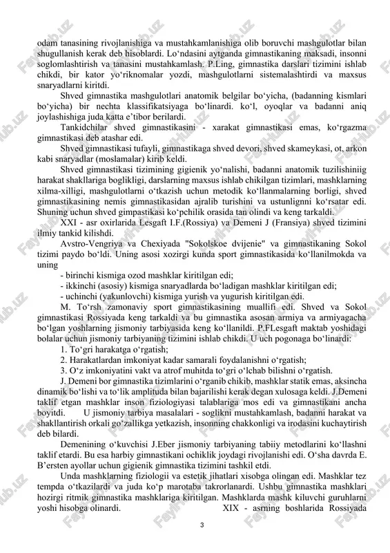 ik snaryadlarda kuch, chakkonlik, tanani har xil xolatda boshkarishni talab etuvchi mashgulotlardan iborat edi. fridrix yan - nemis milliy gimnastikasi asoschisi va tashkilotchisi bo‘lgan. u o‘z o‘kuvchilarini juda ko‘p marotaba mashgulotlarni takrorlatib, ularda irodani, kat’iylikni, kuchni rivojlantirmokdaman deb o‘ylardi. shu bilan u kuchni, irodani rivojlantirish va kupaytirishga - murakkab harakatlarni juda ko‘p marotaba takrorlash yordamida yetishish mumkin deb ishonardi. yan o‘kuvchilari gimnastika mashgulotlarining texnikasiga asosiy e’tiborni karatishgai. yan va uning o‘kuvchilarining gimnastika tizimi tugallanmagan edi, chunki ular tizimning ukuv jarayonini ishlab chikishmagan edi. a.shpiss mazkur tizimni, maktablarda dars berishga mosladi va shu bilan ushbu tizimni ishlab chikishni yakunladn. ushbu tizimning o‘ziga xos tomoni shundan iboratki, shpiss mashgulotlarning kiyinligi va murakkabligi buyicha va har xil yoshga karab to‘rt darajaga bo‘lgan, lekin bolalarning jismoniy rivojlanishi darajasini hisobga olmagan. o‘zining metodik ko‘llanmalarida, u mashgulotlar o‘kituvchilarning jiddiy nazorati ostida o‘tkazilishni talab etardi. bu kelgusi harbiy xizmatga juda kerak bo‘lgan intizomni tarbiya kilardn. lekin gimnastika …