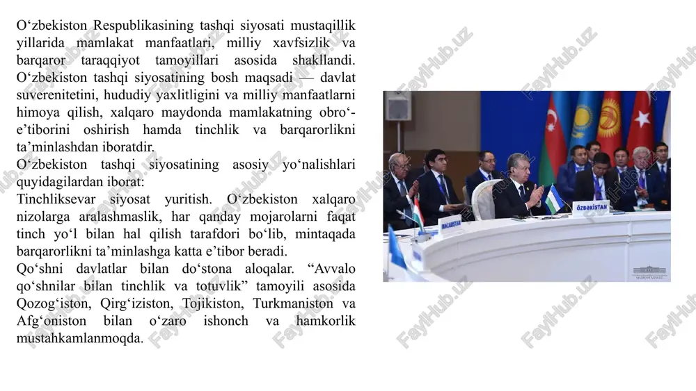 siy, iqtisodiy, ijtimoiy va ma’naviy sohalarda mustahkam poydevor yaratishni talab etadi. siyosiy sohada — mustaqil qonunchilik, ijro va sud hokimiyatining faoliyati mustahkamlanib, xalq hokimiyati tamoyili asosiy qadriyat sifatida qaror topdi. iqtisodiy sohada — milliy iqtisodiyotning mustaqil rivojlanishi, o‘z valyutasining joriy etilishi, bozor iqtisodiyoti tamoyillarining qaror topishi suverenitetni mustahkamlashga xizmat qilmoqda. milliy xavfsizlikni ta’minlash, chegaralarni mustahkamlash, kuchli mudofaa tizimini shakllantirish ham mustaqillikning asosi hisoblanadi. o‘zbekiston o‘z qurolli kuchlarini yaratib, milliy xavfsizlik siyosatini mustaqil amalga oshirib kelmoqda. ma’naviy sohada esa milliy o‘zlikni anglash, tarixiy merosni tiklash, milliy qadriyatlar va ona tiliga hurmatni yuksaltirish jarayoni suveren davlat sifatida xalqning birligini kuchaytiradi. mustaqillikning eng muhim jihati – xalqning o‘z davlati, madaniyati, dini, tili va urf-odatlariga erkin egalik qilishidir. bugungi kunda o‘zbekiston dunyo hamjamiyatida mustaqil, teng huquqli va faol ishtirok etuvchi davlat sifatida tan olingan. mustaqillik yillarida amalga oshirilgan islohotlar natijasida mamlakat siyosiy-iqtisodiy barqarorlikka, xalqaro nufuzga va ichki totuvlikka erishdi. 3. tinchlik, barqarorlik va xavfsizlikni …