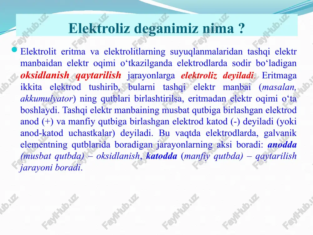 chik, lekin al nikidan katta bulgan kationlar (al+3 dan pb+2 gacha) bulsa, u xolda katodda bir vaktning uzida xam vodorod ionlari, xam shu metall kationi kaytariladi. 3. agar eritmada standart oksidlanish potentsiali vodorodnikidan yukori bulgan kation bulsa, katodda avval shu kation kaytariladi (aktivlik katorida bu kationlar n+ - dan keyin turibdi). chapter 18 slide 11 prentice hall ©2004 katod va anod katodda vodorodning hosil bo‘lishi kislotali sharoitda to‘g‘ridan-to‘g‘ri h+ ionlarining qaytarilishi natijasi bo‘ladi. neytral yoki ishqoriy sharoitda esa bu jarayonda suv molekulasining elektrkimyoviy qaytarilishi yuz beradi: h2o + 2 ē → h2+ 2ho – chapter 18 slide 12 prentice hall ©2004 anod jarayonlar uchun: 1.agar eritmada kislorodsiz kislotalarning anionlari; cl-, br-, j-, f- lar bilan birga h2o - ionlari mavjud bulsa, anodda avval kislorodsiz kislota anionlari oksidlanadi. 2. agar eritmada kislorodli kislota anionlari: so4-2, co3-2, po4-3, no3- lar h2o bilan birgalikda kelsa, u xolda anodda h2o molekulalari oksidlanadi, chunki bu …