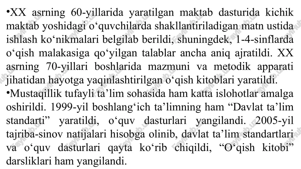 ot bilan aloqadorligini bilib oladilar. boshlang‘ich sinflarda asar tahlilida badiiy til vositalari − sifatlash, o‘xshatish, jonlantirish, mubolag‘a va adabiy janr turlari − ertak, hikoya, masal, she’r, doston, maqol, topishmoq kabilar bilan amaliy ravishda tanishtiriladi. badiiy asar tilini tahlil qilish orqali o‘quvchilarda o‘z ona tiliga muhabbat hissi, badiiy asarni ongli o‘qish ko‘nikmasi o‘stiriladi, asar g‘oyasini chuqur idrok etishga zamin hozirlanadi, o‘quvchilar nutqi rivojlantiriladi. xalq og‘zaki ijodida ertak janrining bolalar tomonidan yaxshi qabul qilinib, qiziqib o‘qilishining sabablaridan biri ertak tilining ta’sirchanligi, o‘tkir syujetliligi va xalq tiliga yaqinligidir. ertak o‘qib bo‘lingach, uning badiiy tili ustida ishlashga alohida ahamiyat berish zarur. 3-sinf «o‘qish kitobi»da keltirilgan «oltmish gaz arqon» ertagida «hammaning ishi ishda, oshi oshda qolib, jang maydoniga qarab yuguribdi» “…g‘azabga to‘lib, yelday yuguribdi” kabi badiiy vositalar yordamida tasvirlangan manzaralar juda ko‘p. ular ustida ishlash o‘quvchi nutqini o‘stirish bilan birga ularni fikr yuritishga, mulohaza qilishga ham o‘rgatadi. ertaklarda o‘xshatishlar, jonlantirish va mubolag‘alardan foydalanilgan. o‘quvchilarga ularni …