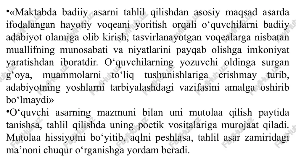 n tanishtirish o‘qishga tayyorgarlik bosqichidan boshlanadi. badiiy asarni o‘qishga tayyorgarlik. tayyorgarlik bosqichi yozuvchilar haqida ma’lumot berish, o‘quvchilarni asarda tasvirlanadigan voqea-hodisalarni idrok qilish, asar pafosini his etish, notanish va ko‘p ma’noli so‘zlar, murakkabroq tarzdagi obrazli ifodalarni izohlash kabi masalalarni o‘z ichiga oladi. agar asar yil fasllari haqida bo‘lsa, tabiat qo‘yniga sayohat uyushtirish ham sinfda o‘qish muvaffaqiyatini ta’minlashga xizmat qiladi. matn bilan dastlabki tanishuvdan so‘ng quyidagicha savollar bilan murojaat qilish darsda o‘quvchilarning faolligini oshiradi: 1. hikoyadagi qaysi epizodni qiziqarli deb o‘ylaysiz? 2. hikoya qahramonlaridan qaysi birining xatti-harakatini ma’qullaysiz? qaysi birining fe’l-atvori, o‘zini tutishi sizga yoqmadi? 3. hayotda shunday kishilarni uchratganmisiz? tayyorgarlik ishlarining vazifalari quyidagilar: 1. o‘quvchilarning asarda aks ettirilgan voqea-hodisalar haqidagi tasavvurlarini bo‘yitish, matnni ongli idrok qilishga ta’sir etadigan yangi ma’lumotlar berish, badiiy asarda tasvirlangan dalillarni o‘quvchilarning o‘z hayotida kuzatganlari bilan bog‘lay olishlariga sharoit yaratish. 2. yozuvchining hayoti va ijodiga qiziqish uyg‘otish. masalan, 4-sinfda zafar diyorning hayoti va ijodi haqida quyidagicha ma’lumotlar …
