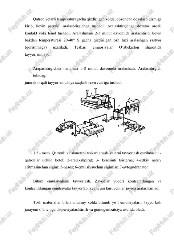 gan rastvor (qorishmaga) uzatiladi. teskari emuosiyalar o’zbekiston sharoitida tayyorlanmaydi. arapashtirgichda hammasi 5-8 minut davomida aralashadi. aralashtirgich tubidagi jumrak orqali tayyor emulsiya saqlash rezervuariga tushadi. 3.5 - rasm. qatronli va slanetspi teskari emulsiyalarni tayyorlash qurilmasi: 1-qatronlar uchun kotel; 2-aralaxshpirgt; 3- kerosinli tsisterna; 4-edkiy natriy eritmasiuchun sigim; 5-nasos; 6-emulsiyauchun sigimlar; 7-avtogudranator bitum emulsiyalarni tayyorlash. zavodlar yuqori kontsentrlangan va kontsentrlangan emulsiyalar tayyorlab, keyin uni kuruvchilar joyida aralashtiriladi. tosh materiallar bilan umumiy xolda bitumli yo’l emulsiyalarni tayyorlash jarayoni o’z ichiga dispersiyalashtirish va gomogenizatsiya usulida oladi. bitum emulsiyasini tayyorlash mashina va uskunalari ishlash printsipi va konstruktiv parametrlari bilan fark qiladi. yuqori kontsentrlangan yo’l bitum emulsiyalari parrakli va shneklopastlik aralashtirgichlardan olinadi. ularni tsiklik xarakatdagi mashinalariga ajratilib va komplektlovchi uskunalar tanlanadi. dispergatorlar to’xtamasdan ishlovchi mashinalar turiga kiritiladi. bu mashinalarda disperglashtirish odatda rotor va stator (korpus) vaqt oralig’ida o’tuvchi materiallar orqali erishiladi. bir disklik rotorlik dispergatorlarga disperglashtirish jarayoni osonroq o’tadi. dispergatorning korpusi bolt bilan maxkamlangan ikki qismdan tashkil …