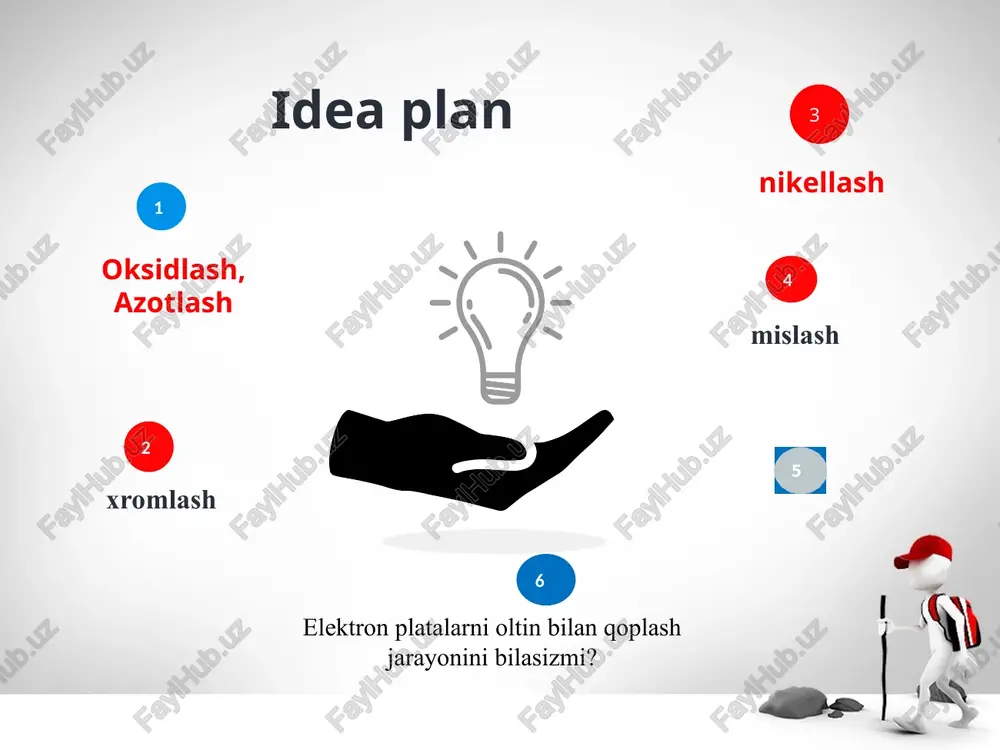 alga oshiriladi. xromlash xromlash texnologik jarayoni detallarni xromlashga tayyorlash, xususan xromlash, xromlangan detallarni yuvish, zarur bo'lsa mexanik ishlov berishdan iborat. xromlashga tayyorlash detallarni kir, moy va zangdan tozalash, silliqlash, ishqorli qaynoq eritmada (kalsiy oksidi va magniy oksidi aralashmasida) yuvish, ishqalash, qaynoq va sovuq suvda yuvish. xromlanmaydigan joylarni berkitish, detallarni osmaga o'rnatish, elektrolitik yog'sizlantirishdan iborat. detalning tiklanadigan sirti to'g'ri geometrik shaklga keltiriladi. chizilgan va tirnalgan joylar yo'qotilib, g'adir-budirligi 0,63 - 0,16 mkm ga keltiriladi. detallar yuvish tog'oralarida va qo'lda yuviladi hamda g'adir-budirlik darajasiga qarab, tanlangan jilvirtosh bilan silliqlanadi. nikellash nikellash — metall buyumlar sir-tiga nikel qoplash. odatda, nikel 1 — 2 mkm dan 40—50 mkm gacha qalinlikda qoplanadi. elektrolit, kimyoviy va kontakt usullari bor. eng koʻp tarqalgani elektrolit usuli (qarang galvanotexnika). bunda uchta asosiy kompo-nentdan iborat elektrolitlar: buyum sirtida elektrsizlanuvchi ionlar man-bai hosil qilish uchun sulfat kislo-tali nikel (70—280 g/l); katod katla-mida kislota katlamini rostlash uchun borat kislota (30 g/l); anodlarning …