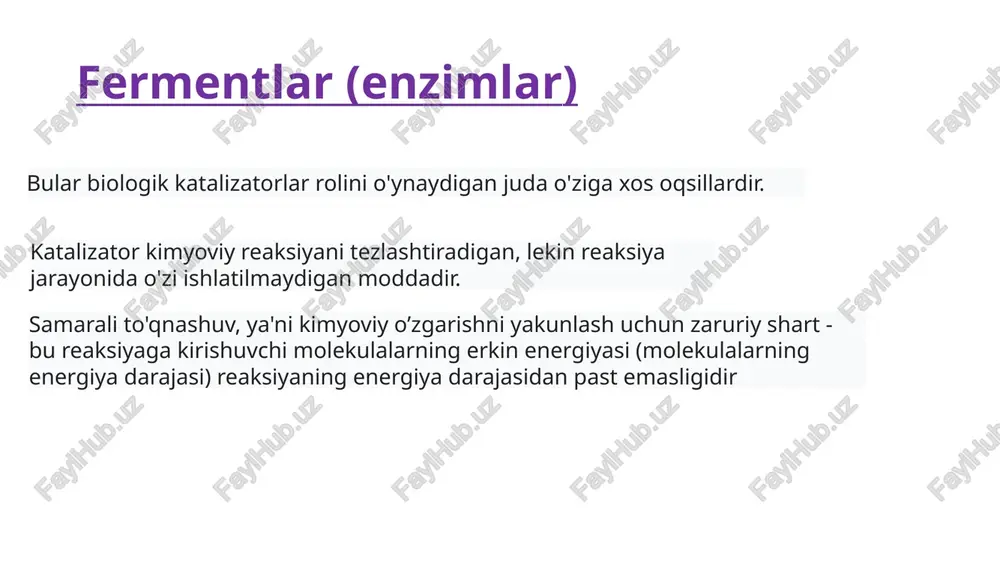 tarli. bir qator fermentlar ma'lum organlarda ustun lokalizatsiyaga ega (organ o'ziga xosligi) bir qator fermentlarning hujayra ichidagi lokalizatsiyasida farqlar mavjud enzimodiagnostika tamoyillari immobillangan fermentlar “immobillangan fermentlar” atamasi rasmiylashtirilganligiga uncha uzoq vaqt bo'lmadi. umuman “immobillanish” tushunchasini shunchaki fermentning suvda erimaydigan tashuvchilar bilan bog'lanishidan ko'ra kengroq tushunish kerak. bunga oqsil globulalarini quyimolekulyar bifunktsional reagentlar bilan ichkimolekulyar “tikilishi” yoki fermentning suvda eriydigan polimerga bog'lanishi orqali erishish mumkin. lekin, bunday preparatlarni odatda immobillangan deb atalmaydi: ularni mos ravishda “tikuvchi” yoki polimer reagentlar bilan o'zgartirilgan fermentlarga kiritishadi. immobillangan fermentlar immobillangan va o'zgartirilgan ferment preparatlari ularning“nativ” oldingi vakillari bilan solishtirilganda (amaliy maqsadlardaishlatilishida) bir qator muhim afzalliklarga ega hisoblanadi. birinchidan, reaktsion muhitdan geterogen katalizatorni oson ajratish mumkin. bu esa: 1) reaktsiyani to'xtatish; 2) katalizatorni qaytadan qo'llash; 3) ifloslanmagan ferment bilan mahsulot olish. ikkinchidan, geterogen katalizatorlar fermentli jarayonlarni to'xtovsiz o'tkazish (masalan, oqadigan reaktorlarda) va katalizlanuvchi reaktsiyalar tezligini (yoki mahsulot chiqishini) oqim tezligi bo'yicha boshqarishga imkon beradi image1.png image2.png …