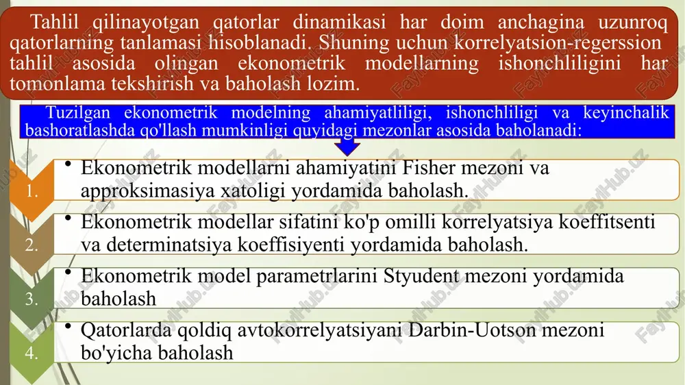 oldiqlar qatori javob berishi lozim bo‘lgan talablarga amal qilish usullari quyidagilardan iborat: birinchi talab. qoldiqlar qatorining tasodifiylik xususiyatlarini tekshirish uchun takroriy nuqtalar mezonidan foydalanish mumkin. ikkinchi talab. qoldiq izchilligi matematik taxminning nolga tengligini tekshirish uchun qoldiqlar qatorining o‘rtacha qiymati hisoblab chiqiladi uchinchi talab. qoldiqlar qatori darajalarning dispersiyasi ning barcha qiymatlari uchun bir kodli bo‘lishi kerak (gomoskedastiklik xusisiyati). to‘rtinchi talab. qoldiqlar izchillining mustaqilligini tekshirish (avtokorlleyatsiyaning mavjud emasligi) darbin-uotsonning d-mezoni yordamida amalga oshiriladi. beshinchi talab. qoldiqlar izchiligi taqsimlashning normal qonuniga mosligini tekshirishni quyidagi formula bo‘yicha aniqlanadigan r/s- mezon yordamida amalga oshirish mumkin: agar quyidagi shartlar bajarilsa, nuqta takroriy hisoblanadi: i-1 >i i+1 so‘ngra p takroriy nuqtalar soni sanab chiqiladi. agar tengsizlik bajarilsa, u holda model haqqoniy hisoblanadi. agar bo‘lsa, u holda model doimiy muntazam xatoga ega emas hisoblanadi. mezonning hisoblab chiqilgan qiymati darbin uotson statistikasining quyi d1 va yuqori d2 mezoniy qiymatlari bilan taqqoslanadi. s - model qoldiqlarining standart og‘ishi (standart xato). …