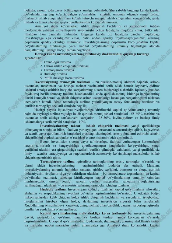 lab chiqarishning boshqa shakllarini rivojlantirishga qo‘shiladigan investitsiyalar kiradi. innovatsiya investitsiyalari jumlasiga texnika va texnologiyalarning yangi avlodini ishlab chiqish va o‘zlashtirishga qo‘shiladigan investitsiyalar kiradi. ijtimoiy investitsiyalar jumlasiga inson salohiyatini, malakasi va ishlab chiqarish tajribasini oshirishga, shuningdek nomoddiy ne’matlarning boshqa shakllarini rivojlantirishga qo‘shiladigan investitsiyalar kiradi. real investitsiyalar turli shakllarda amalga oshiriladi va ularni amalga oshirishning asosiy shakli kapital qo‘yilmalar hisoblanadi. prezidentimiz ta’kidlaganidek: “barcha sohalardagi ijobiy natijalar qatorida, investitsiyalar hajmi ham sezilarli darajada oshdi. ayniqsa, to‘g‘ridan-to‘g‘ri xorijiy investitsiyalar 4,2 milliard dollarni tashkil etib, 2018 yilga nisbatan – mana shu raqamga e’tiboringizni qaratmoqchiman – 3,1 milliard dollarga yoki 3,7 barobar o‘sdi. investitsiyalarning yalpi ichki mahsulotdagi ulushi 37 foizga yetdi. mamlakatimiz ilk bor xalqaro kredit reytingini oldi va jahon moliya bozorida 1 milliard dollarlik obligatsiyalarini muvaffaqiyatli joylashtirdi. iqtisodiy hamkorlik va rivojlanish tashkiloti tomonidan o‘zbekistonning kreditga doir tavakkalchilik reytingi oxirgi 10 yilda birinchi marta yaxshilandi.”[footnoteref:3] [3: o‘zbekiston respublikasi prezidenti shavkat mirziyoyevning oliy majlisga murojaatnomasi. 2020 yil …
