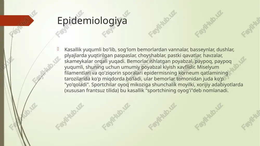 yoq mikozining eng keng tarqalgan klinik versiyasi. bu o'z-o'zidan paydo bo'lishi mumkin, lekin ko'pincha aniq bo'lmagan skuamoz shakl bilan rivojlanadi. jarayon interdigital burmalarda, ko'pincha iv va v o'rtasida, kamdan-kam hollarda iii va iv oyoq barmoqlari orasida boshlanadi. ba'zida kasallik boshqa interdigital burmalarga tarqaladi va barmoqlarning fleksiyon yuzalariga, oyoqning orqa qismiga o'tadi. interdigital burmalarda yoriqlar paydo bo'ladi, ular epidermisning oqartuvchi, po'stloq korneum qatlami bilan o'ralgan. yig'lash, qichishish, turli xil intensivlik, ba'zida (eroziya bilan) og'riq paydo bo'ladi. ko'pincha, jarayon uzoq vaqt davom etadi, qishda susayadi va issiq mavsumda kuchayadi. intertriginoz shaklda stratum corneumning bo'shashishi streptokokk infektsiyasining kirib borishiga va oyoqlarning surunkali takrorlanuvchi yuzi, tromboflebitning rivojlanishiga yordam beradi. klinika dishidrotik shakl u o'tkirroq davom etadi va oyoq kamarida diametri 2 dan 6-8 mm gacha bo'lgan qaynatilgan sago donalariga o'xshash pufakchalar guruhining shakllanishi bilan birga keladi (rasm. 33). pufakchalar birlashib, ko'p kamerali pufakchalarni hosil qiladi, ularning o'rnida periferiya bo'ylab maceratsiyalangan epidermisning yon tomoni bilan …