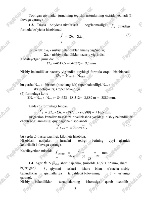misol: nor = ag – c = 88,652 – 0,338 = 88,314m. topilgan qiymat jurnalni 10-ustuniga tegishli plyusli nuqta qatoriga yoziladi. shu tarzda ko‘ndalang qirqim nuqtalari balandligi ham topiladi. 2. doiraviy egrilik elementlari va egrilikning bosh nuqtalari piket o‘rnini hisoblash hisoblash piketlash daftarchasida bajariladi (2 - ilova)da ko‘rsatilgan egrini rejalash elementlari ko‘rsatilgan. 2.1. trassaning burilish burchagi φ va egri radius r qiymatlari bo‘yicha egrilik elementlari: t (tangens), k (egrilik uzunligi), b (bissektrisa) va d (domer) qiymatlari quyidagi formulalardan foyidalanib topiladi:  0  0   0  t = rtg 2 ; k = 1800 r ; b  rsec 2 1 ; d = 2t – k .   (9) misol: φ = 38012’ ; r=70m berilgan bo‘lsa, unda (9) ga ko‘ra: t =24,24m ; k = 46,67m ; b =4,07m; d = 1,81m. yechish kalkulyatorda oson bajariladi. bu qiymatlarni berilgan φ va r orqali maxsus jadvallardan …