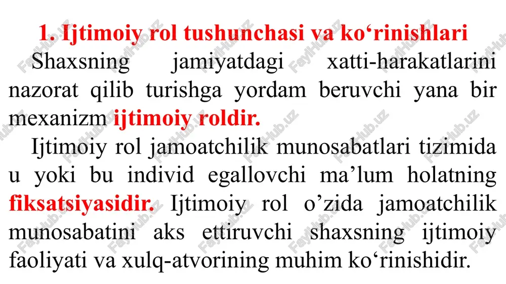 hbu jarayonda u mavjud bo‘ladi. bundan tashqari taqdirga bitilgan (ayol, yosh bola, o‘zbek) va hayot davomida o‘zlashtirilgan (ona, rahbar, o‘qituvchi) rollarga bo‘linadi. ijtimoiy rollar borasida ish olib borgan olimlar dj.mid va t.shibutanining fikriga ko‘ra, ijtimoiy rollar shaxsning aniq bir vaziyatda optimal harakat qilishini ta’minlovchi uzoq vaqt davomida shakllanib kelgan xulq-atvor usullaridir. djordj gerbert mid tamotsu shibutani har bir rol o‘zining huquq va majburiyatlar to‘plamiga egadir. majburiyat – o‘z rolidan kelib chiqib unga yoqadimi yoki yo‘qmi qat’iy nazar shaxs bajarishi lozim bo‘lgan xulq-atvor va xatti-harakatlar ketma-ketligi. o‘z roliga mos bo‘lgan majburiyatini bajarar ekan, har bir shaxs boshqalardan talab qilishi mumkin bo‘lgan huquqlarga ham ega. majburiyatlar hamisha burchlar bilan birgalikda kechadi. ularning uyg‘unligi ijtimoiy rolning me’yorida bajarilishini ta’minlaydi, aksincha holat esa ijtimoiy rolning yaxshi o‘zlashtirilmaganligidan dalolat beradi. 2. ijtimoiy rolning shaxs shakllanishiga ta’siri ijtimoiy rolning shaxs shakllanishiga ta’siri juda katta. shaxs o‘zi bajaradigan rollar tufayli boshqalar bilan munosabatga kirishadi. shaxsning bajaradigan rollari …