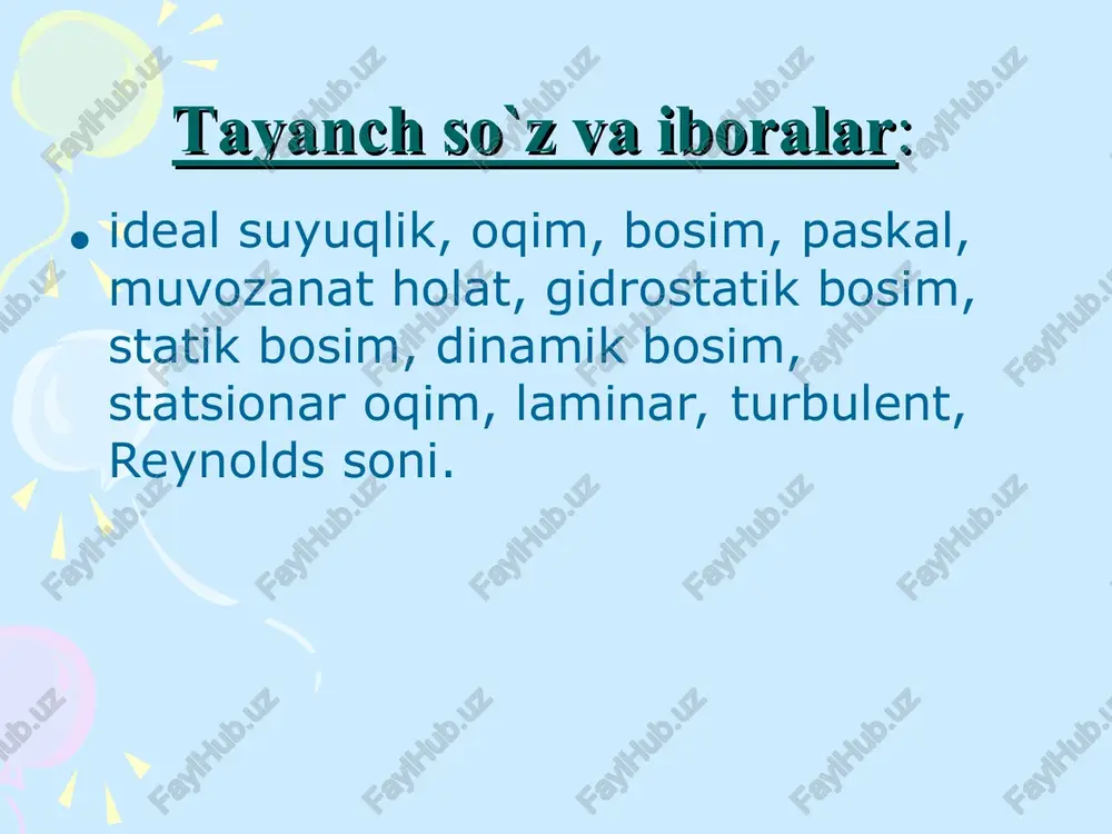 o`rsatuvchi /z kattalik tezlik gradiyenti deb ataladi.-suyuqlikning tabiatiga bog`liq bo`lib, u suyuqlikning qovushoqlik koeffisienti deb yuritiladi. si tizimida suyuqlikning (yoki gazning) ikki xil oqimi kuzatiladi: suyuqlik qatlamlarining bir biriga aralashmasdan qatlamsimon oqishiga laminar oqim deyiladi. oqimning tezligi yoki ko`ndalang o`lchamlari o`zgarsa, oqim xarakteri keskin o`zgaradi.suyuqlik intensiv ravishda aralasha boshlaydi.bunday oqim turbulent oqim deyiladi. ingliz olimi o. reynolds oqim xarakteri uning nomi bilan yuritiladigan reynolds soni re ga bog`liq bo`lishini aniqladi. tajribalarning ko`rsatishicha, oddiy sharoitlarda silindrsimon naylar orqali suyuqlikning oqishi laminar xarakterga ega bo`lishi uchun re 2300 bo`lganda esa turbulent oqish kuzatiladi. stoks qonuni. jism yopishqoq muhit ichida harakat qilganda qarshilik vujudga keladi. f=- 6r qarshilik kuchi suyuqlikning yopishqoqlik koeffitsiyentiga,sharsimon jism radiusiga va jismning harakat tezligiga to`ri proporsional bo`ladi. bu qonun stoks qonuni deb ataladi. puazeyl formulasi. silindr ko`rinishdagi trubada suyuqlik laminar oqayotgan bo`lsin. trubinaning ko`ndalang kesimi orqali bir sekund ichida oqib chiqadigan suyuqlikning v xajmi: bu ifoda puazeyl formulasi deb …