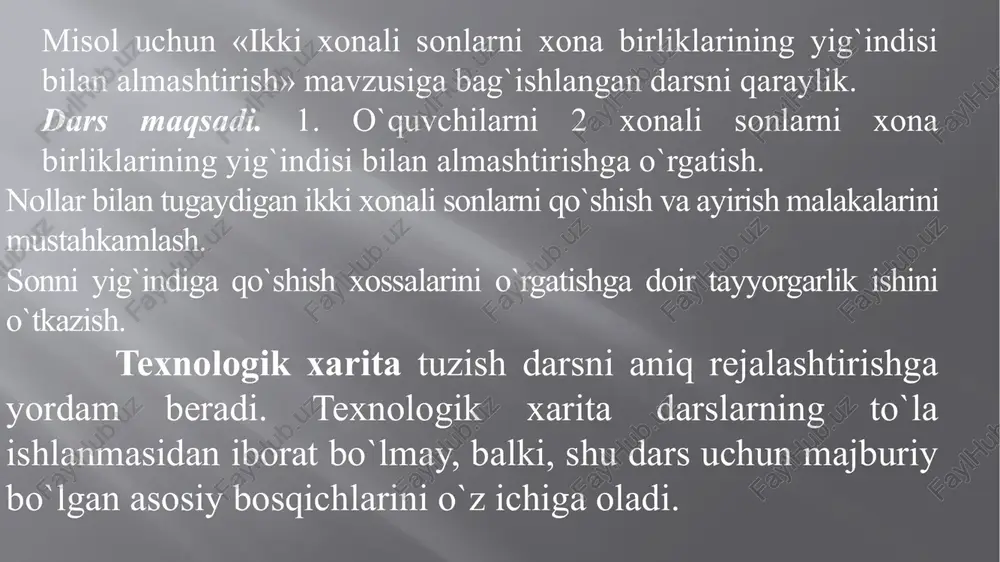 sil qilish. qo`yilgan muammoni hal qilish. yangi bilimlarni tadbiq qilishga doir maxsus mashqlar bajarish. bajarilgan ishlarga yakun yasash. ammo, bu reja o`zgarishi mumkin. muammoning xarakteriga qarab, to`la yoki qimsman bajarilishi yoki uning ayrim punktlari birlashtirilishi mumkin. misol «42:3 ko`rinishdagi jadvaldan tashqari bo`lish» ni o`rganish. muammoli vaziyat hosil qilish. siz, 46 ni 2 ga bo`la olasizmi? buning uchun 46=40+6 almashtiramiz. endi 42:3 ni qaraylik, buni yuqoridagi usul bilan ishlab bo`lmaydi. (muammo). uyga vazifa. uy vazifasining mazmuni bir tomondan darsda o‘rganilgan yangi materialni mustahkamlashga qaratilgan bo‘lsa, ikkinchi tomondan keyingi darsga tayyorlashga qaratilmog‘i kerak. matematika darsi tahlili. dars ahamiyatini aniqlash, mazmuni, usulini baholash. ta'limiy va tarbiyaviy maqsadlari; dasturga mos kelishi, hayot bilan bog`liqligi, ilmiylik darajasi, qiziqishi, mustaqilligi, aqliy faoliyatlarini faollashtirish. o`quvchilar bilan ishlashi, topshiriqlar berishi. o`quv vositalari bilan ishlashi. o`qituvchi qiyofasi. umumiy baho. /docprops/thumbnail.jpeg