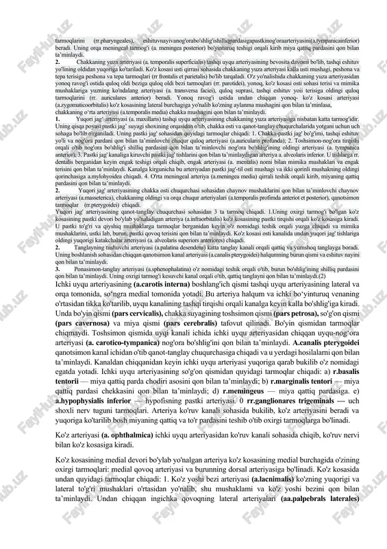 ida mushak elementlari ko'p bo'lib, qisqarganda qon oqishini tezlatadi. 3. mushak-elastik turdagi arteriyalar devorida mushak va elastik tolalar miqdori teng bo'ladi. bu turga yirik arteriyalar (umumiy yonbosh, o'mrov osti, umumiy uyqu) kiradi. a’zolarga nisbatan joylashishiga qarab arteriyalar a’zo sirti arteriyalari va a’zo ichi arteriyalariga bo'linadi. agar arteriyalaming tarmoqlari boshqa arteriya tarmoqlari bilan qo'shilsa anastomoz deyiladi. agar arteriyalar to bo'lingunicha boshqa tomirlar bilan qo'shilmasa, bular oxirgi arteriyalar deyiladi. tomirlar mikroskopik tuzilishining o'zgarishi ko'proq erta va ikkinchi bolalik davrida bo'lib, o'smirlik davrida ular devorining tuzilishi tarkibi ancha tekislanadi. katta qon aylanish doirasi qon tomirlari katta qon aylanish doirasi qon tomirlariga yurakning chap qorinchasidan boshlanuvchi aorta, undan chiqqan bosh, bo'yin, tana, qo'l va oyoq arteriyalari, ulaming tarmoqlari, a’zolarning mikrosirkulator tomirlari, mayda va yirik venalar, o'ng bo'lmachaga quyiluvchi yuqori va pastki kovak venalar kiradi. aorta aorta (aorta) katta qon aylanish doirasining eng katta toq arteriya tomiridir. unda uch: aortaning yuqoriga ko'tariluvchi qismi, aorta ravog'i …