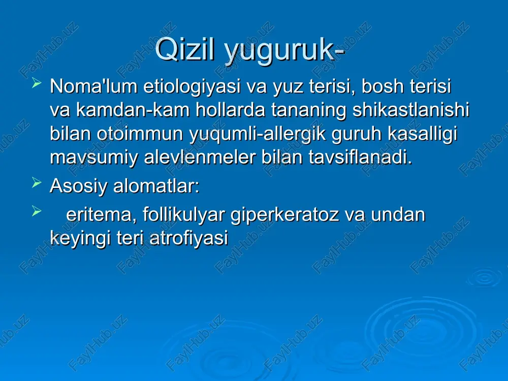 r va chandiq atrofiyasi deyarli yoki umuman yo'q. o'choqlar odatda yuzning o'rta zonasida joylashgan va ko'pincha kelebekka o'xshaydi. ular markazdan qochma o'sishi bilan ajralib turadi. diskoid tipidagi yoki santrifüj tipidagi terining turli joylariga tarqalgan bir nechta fokuslar qizil yuguruk diskoid qizil yuguruk surunkali qizil yuguruk qizil yuguruk davolash: bezgakka qarshi dorilar: rezoxin, delagil, plakvenil 5 kunlik kurslar 3 kunlik tanaffus bilan (2-3 kurs) giposensitizatsiya qiluvchi dorilar (kaltsiy glyukonat, natriy tiosulfat va boshqalar) steroid bo'lmagan yallig'lanishga qarshi dorilar kortikosteroidlar (metilprednizolon) sitostatiklar (siklofosfamid 0,5 -1 g/kv. m/s har oyda 6 oy davomida tizimli qizil yuguruk bilan b va a ,c va pp vitaminlari plazmaferez, ko'rsatmalarga muvofiq gemosorbtsiya tashqi terapiya: fotosensibilizatsiya qiluvchi himoya malhamlari ("nur", "qalqon", "antigelios", steroid malhamlari insolatsiya davrida qirrali shlyapa va qora ko'zoynak taqish dispanser nazorati va ish bilan ta'minlash sklerodermiya etiologiya: aniqlanmagan, shu jumladan yuqumli patogenez: biriktiruvchi to'qimada kollagen patologiyasi bo'lgan neyroendokrin, qon tomir, autoimmun kasalliklar gistopatologiyasi: shish gomogenizatsiya, …