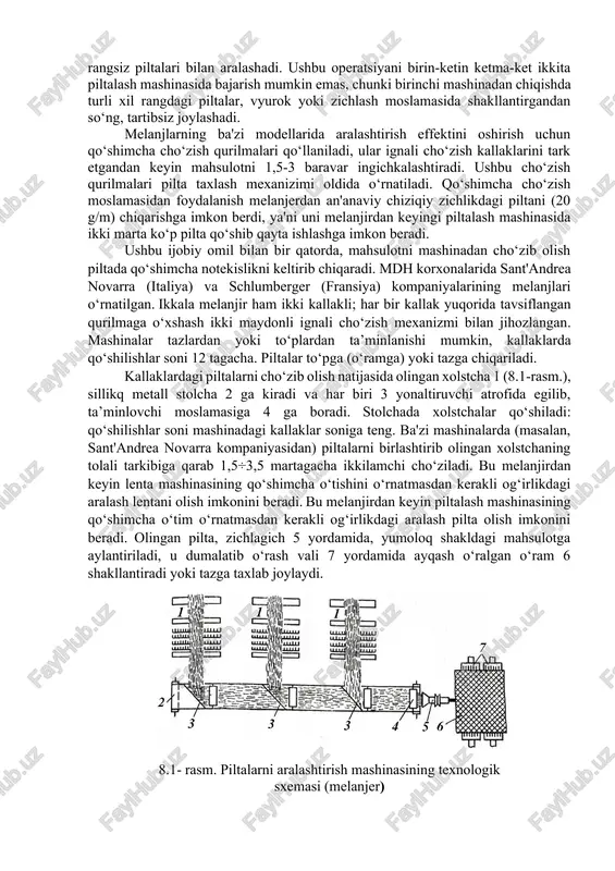 lash mashinalarida ishlab chiqarilgan pilikning chiziqiy zichligiga, qayta ishlanadigan xomashyoning naviga, mahsulotning cho‘zish va tekislanish darajasuga qarab turli xil jarayonlardan o‘tadi. ikki cho‘zish maydonli piltalash mashinalarda, dag‘al jundan piliklash mashinalarida, cho‘zishni avtomatik rostlash mostlamalaridan eng yangi qisqartirilgan assortiment-larda foydalanadigan shuningdek, yuqori cho‘zish asboblari uchinchi yoki to‘rttinchi o‘tim mashinalarida qo‘llaniladi. turli xil rangli jun piltalardan melanj iplarini yoki jun va kimyoviy tolalar aralashmasidan iplarni ishlab chiqarishda birinchi o‘timdan oldin maxsus piltalarni aralashtirish mashinasi-melanjir o‘rnatiladi. 8.1. piltalarni aralashtirish uchun uskunalar piltalarni aralashtirish mashinasining (melanjir) maqsadi - piltalarni qo‘shish va keyinchalik ularni birgalikda cho‘zish orqali tolalarni aralashtirish, shu bilan birga tolalarni qo‘shimcha intensiv tekislash va parallellashtirish amalga oshiriladi. hozirgi vaqtda asosan ikki va uch kallakli piltalarni aralashtirish mashinalari (melanjerlar) ishlab chiqarilmoqda. bu mashinaning o‘lchamlarini kichiklashtirish hamda melanjer va undan keyingi piltalash mashinalarida qo‘shilishlarning umumiy sonini ko‘paytirishga imkon berdi. melangir piltalash mashinasiga nisbatan bir qator afzalliklarga ega. melanjirda har bir kallakda rangli va rangsiz …