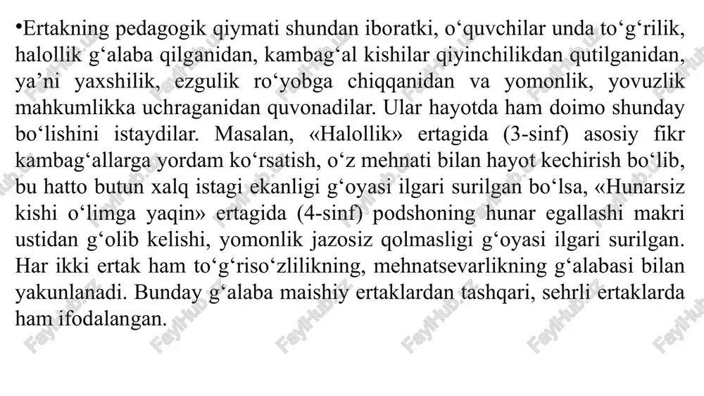 opib o‘qing», «nima uchun aynan shu joyi yoqqanini ayting», «hayotingizda ertakdagi voqealarga o‘xshash voqealar bo‘lganmi?» kabi savol-topshiriqlar yordamida o‘quvchilarning ertak xulosasini tushunishlariga erishiladi. boshlang‘ich sinf o‘quvchilari hayvonlar haqidagi ertaklardan tashqari, «davlat», «hunarsiz kishi o‘limga yaqin» kabi maishiy ertaklarni ham o‘qiydilar. bunday ertaklar xalq o‘z hayotini hikoya qiladi, shu sababli o‘quvchilar ertakni o‘qigach, o‘tmishdagi xalq hayotini, o‘y-fikrlari va orzu-istaklarini bilib oladilar. bunday ertaklarni tahlil qilish badiiy hikoya tarzida uyush– tiriladi. bolalar o‘qituvchi rahbarligida ertakda qatnashuvchilarning xulq-atvori, ayrim xatti-harakatlarini baholaydilar, ularning birbirlariga bo‘lgan munosabatlarini aytadilar va shular asosida ayrim obrazlar haqida xulosalar chiqaradilar, ertak rejasini tuzadilar, ertakni rollarga bo‘lib o‘qiydilar. «davlat» ertagi (4-sinf) oddiy turmushga tegishli hodisalarni tasvirlovchi ertakdir. ertakni o‘qishga tayyorlash uchun ota-bobo– larimiz atrofni, tabiatni, borliqni qanday tasavvur etishlari haqida suhbat o‘tkaziladi. bunday suhbat ertakdagi badiiy obrazlarni, ularning o‘zaro munosabatlarini, xulq-atvorlari, xarakterlarini to‘g‘ri tushunishga yordam beradi. «davlat» ertagi matni ustida ishlash jarayonida o‘quvchilar «dehqonning xonadoni qanday hayot kechirar ekan?», «nima …