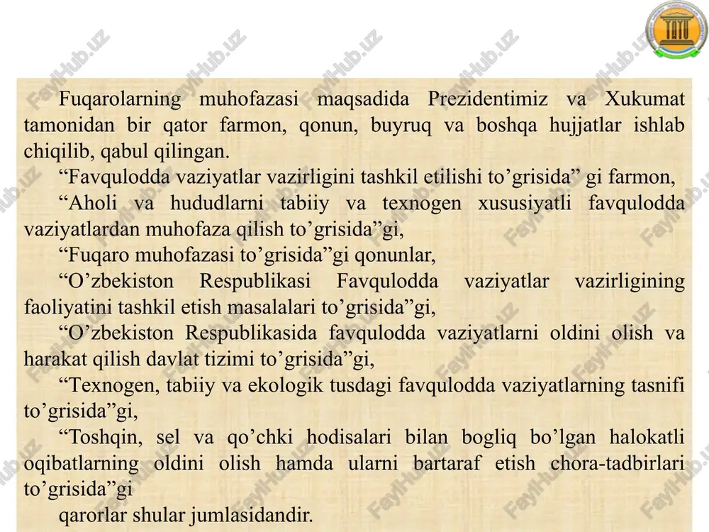 va ishlab chiqarishlarning tavakklchiligini pasaytirish, mulkchilik shaklidan va idoraviy bo’ysunishidan qat'i nazar, iqtisodiyot tarmoqlari, korxonalar,muassasalar va tashkilotlar faoliyat ko’rsatishining barqarorligini oshirishga qaratilgan maqsadi va kompleks ilmiy-texnik dasturlarni ishlab chiqish va amalga oshirish. 4. boshqaruv organlari va tizimlarning favqulodda vaziyatlarning oldini olish va ularni bartaraf etish uchun mo’ljallangan kuch va vositalarining doimiy tayyorligini ta'minlash. 5. aholi va hududlarni favqulodda vaziyatlardan muhofaza qilish sohasidagi ahborotlarni yigish, ishlab chiqish, almashish va berish. 6. aholini, boshqaruv organlarining, mansabdor shaxslarini, fvdt kuchlari vositalarini favqulodda vaziyatlarda harakat qilishga tayyorlash. 7. favqulodda vaziyatlarni bartaraf etish uchun moliyaviy va moddiy resurslar zaxiralarini yaratish. 8. aholini va hududlarni favqulodda vaziyatlardan muhofaza qilish sohasida davlat ekspertizasi, nazorati va tekshiruvini amalga oshirish. 9. favqulodda vaziyatlar oqibatlarini bartaraf etish. 10. favqulodda vaziyatlardan zarar ko’rgan aholini ijtimoiy muhofaza qilishga oid tadbirlarni amalga oshirish. 11. favqulodda vaziyatlardan muhofaza qilish sohasida aholining, shu jumladan ularning oqibatlarini bartaraf etishda bevosita qatnashgan shaxslarning huquqiy va majburiyatlarini amalga …