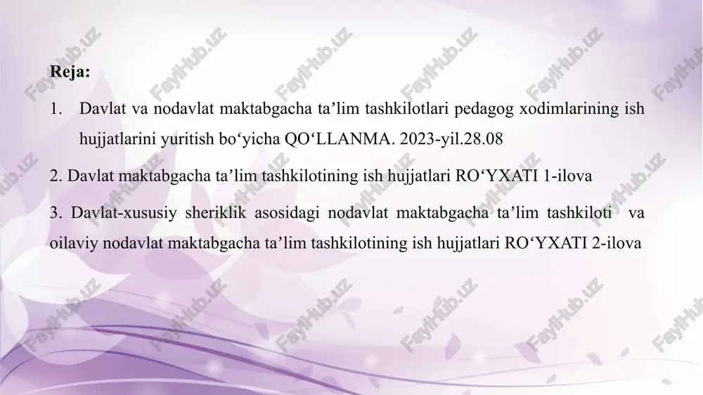 oʻrsatilgan holda tasdiqlanadi. mttning pasportida tashkilot haqida umumiy maʼlumot, yer maydoni, bino va inshootlari, asbob-uskunalar, qattiq va yumshoq jihozlar, oʻyin- oʻyinchoqlar, sport inventarlari va musiqa asbob-uskunalari hamda ularning foydalanishga yaroqlilik holatlari kabi maʼlumotlar kiritiladi. 3.attestatsiya-akkreditatsiya natijalariga doir hujjatlar (maʼlumotnoma, dalolatnomalar, sertifikatlari). attestatsiya va davlat akkreditatsiyasi natijalari boʻyicha maʼlumotnoma va dalolatnomalar, sertifikatlar saqlanadi. 01-05. moliyaviy hujjatlari yillik sarf-xarajatlar smetasiga berilgan takliflar hamda tasdiqlangan smeta nusxasi (yillik, chorak) ushbu indeksda mttning yillik sarf-xarajatlar smetasiga berilgan takliflari hamda tuman (shahar) maktabgacha va maktab taʼlimi boʻlimining iqtisodiyot va moliya vazirligining tuman (shahar) boʻlimi bilan kelishilgan holdagi oʻrnatilgan tartibda tasdiqlangan xarajatlar smetasining yillik, chorak nusxalari saqlanadi. shtatlar jadvali, xodimlarning tarifikatsiyasi va ularning ish vaqti hisobini yuritish tabeli. tuman (shahar) maktabgacha va maktab taʼlimi boʻlimining iqtisodiyot va moliya vazirligining tuman (shahar) boʻlimi bilan kelishilgan holda oʻrnatilgan tartibda tasdiqlangan mttning shtatlar jadvali va tarifikatsiya roʻyxatlari hamda unga kiritilgan toʻldirish va oʻzgartirishlar saqlanadi. mtt xodimlarining ish vaqti hisobini …