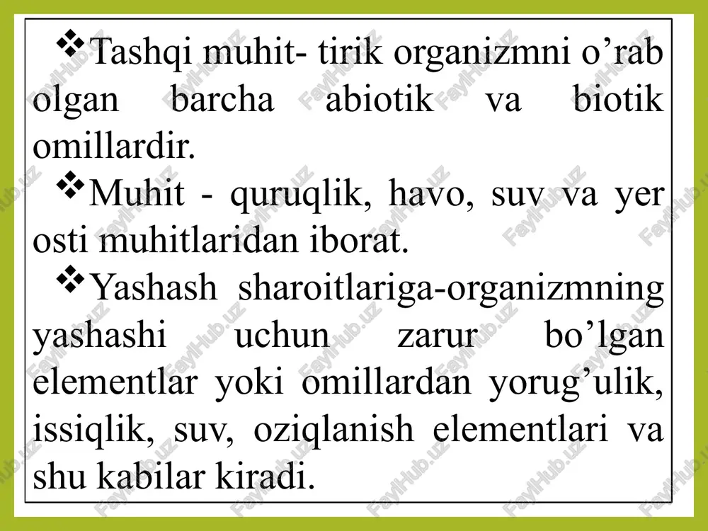 ya’ni o’simlikning o’sishi va rivojlanishi uchun qulay sharoit. 3. omilning maksimal miqdori, ya’ni bundan ortiq bo’lsa halokatga olib keladi. masalan: ko‘pchilik o’simliklarning o’sish va rivojlanishi 20-250 t0 da me’yorida kechadi, havo t0 si 35-400 ga ko’tarilishi o’sish jarayonini susaytirsa, 00 dan pastga tushishi o’simlikni halokatga olib keladi. v visokogoryax uzbekistana postoyanno duyushie vetri prijimayut k zemle molodie derevya archi i oni priobretayut vid podushek, rasplastan-nix na poverxnosti pochvi. na pochvax legkogo mexanicheskogo sostava i osobenno peskax veter mojet perenosit znachitelnie massi melkozema, zasipaya rasteniya ili naoborot, obnajaya ix korni. savollar: o‘simliklar ekologiyasi nimani o‘rganadi? autekologiya nima? sinekologiya nimani o‘rganadi? tashqi muhit deganda nimani tushunasiz? ekologik omillar deganda nimani tushunasiz? ekologiyaning qonuniyatlari nimalardan iborat? image1.gif image2.png image3.png image4.jpeg image5.png image6.png image7.png /docprops/thumbnail.jpeg