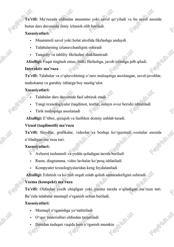 beriladi · rasm, diagramma, video lavhalar ko‘proq ishlatiladi · kompyuter texnologiyalaridan keng foydalaniladi afzalligi: eshitish va ko‘rish orqali eslab qolish samaradorligini oshiradi. yozma (konspekt) ma’ruza ta’rifi: oldindan yozib chiqilgan yoki yozma tarzda o‘qiladigan ma’ruza turi. ba’zida talabalar mustaqil o‘rganish uchun beriladi. xususiyatlari: · mustaqil o‘rganishga yo‘naltiriladi · o‘quv materiallari oldindan tarqatiladi · darsdan tashqari vaqtda ham o‘rganish mumkin afzalligi: axborotni istalgan vaqtda qayta ko‘rib chiqish imkoniyati mavjud. taqdimotli loyiha-ma’ruza (loyiha asosida) ta’rifi: talabalar yoki o‘qituvchi tomonidan tayyorlangan ilmiy yoki amaliy loyiha asosida o‘tkaziladigan ma’ruza. xususiyatlari: · o‘z ustida ishlashga undaydi · amaliyot bilan bog‘liq misollar ko‘proq beriladi · natijaga yo‘naltirilgan afzalligi: talabalar ilmiy-ijodiy izlanishga jalb qilinadi. ma’ruzaning tuzilishi. ma’ruza odatda quyidagi uch asosiy qismdan tashkil topadi: 1. kirish qismi 2. asosiy qism 3. xulosa qismi ma’ruzaning bosqichlari va ularning vazifalari 1. kirish qismi. kirish qismi ma’ruzani ochish va tinglovchilarni mavzu bilan tanishtirish uchun xizmat qiladi. bu bosqichda o‘qituvchi quyidagi vazifalarni …