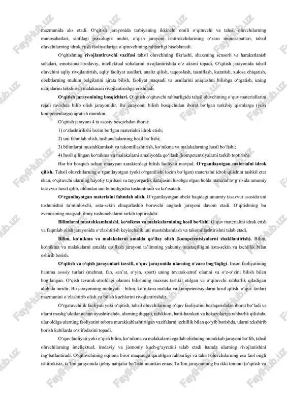 ng mazmuni, didaktikaning asosiy kategoriyalari. muayyan fanga xos bo‘lgan tushunchalarda insoniyat tomonidan ijtimoiy taraqqiyot jarayonida to‘plangan bilimlar aks etadi. o‘rgatish – o‘qitish maqsadini amalga oshirish bo‘yicha pedagogning tartiblangan faoliyati. o‘rganish – anglash, mashq qilish va egallangan tajribalar asosida xulq-atvor va faoliyatning yangi shakllarini egallash jarayoni, oldin egallanganlari o‘zgaradi. o‘qitish – qo‘yilgan maqsadga erishishga yo‘naltirilgan pedagog bilan tahsil oluvchilarning tartiblangan o‘zaro harakati. ta’lim– o‘qitish jarayonida egallanadigan bilim, ko‘nikma, malakalar, kompetensiya va fikrlash usullari tizimi. bilim – ma’lum bir fanni nazariy o‘zlashtirishni aks ettiradigan inson g‘oyalari yig‘indisi; ko‘nikma – egallangan bilimlarning aniq xatti-harakatdagi ifodasi, o‘zlashtirilgan bilimlarni amaliyotga qo‘llash usullarini egallash. malaka – avtomatlashgan, biror bir usul bilan bexato bajarish, ko‘nikmaning takomillashgan darajasi. kompetensiya – egallangan bilim, ko‘nikma va malakalarni kundalik va kasbiy faoliyatda qo‘llay olish layoqati. maqsad– o‘qitishning nimaga qaratilganligi, uning kuchlari kelgusida qay yo‘sinda safarbar etilishi. mazmun – o‘qitish jarayonida egallanishi lozim bo‘lgan ilmiy bilim, amaliy ko‘nikma va malakalar, faoliyat, fikrlash …